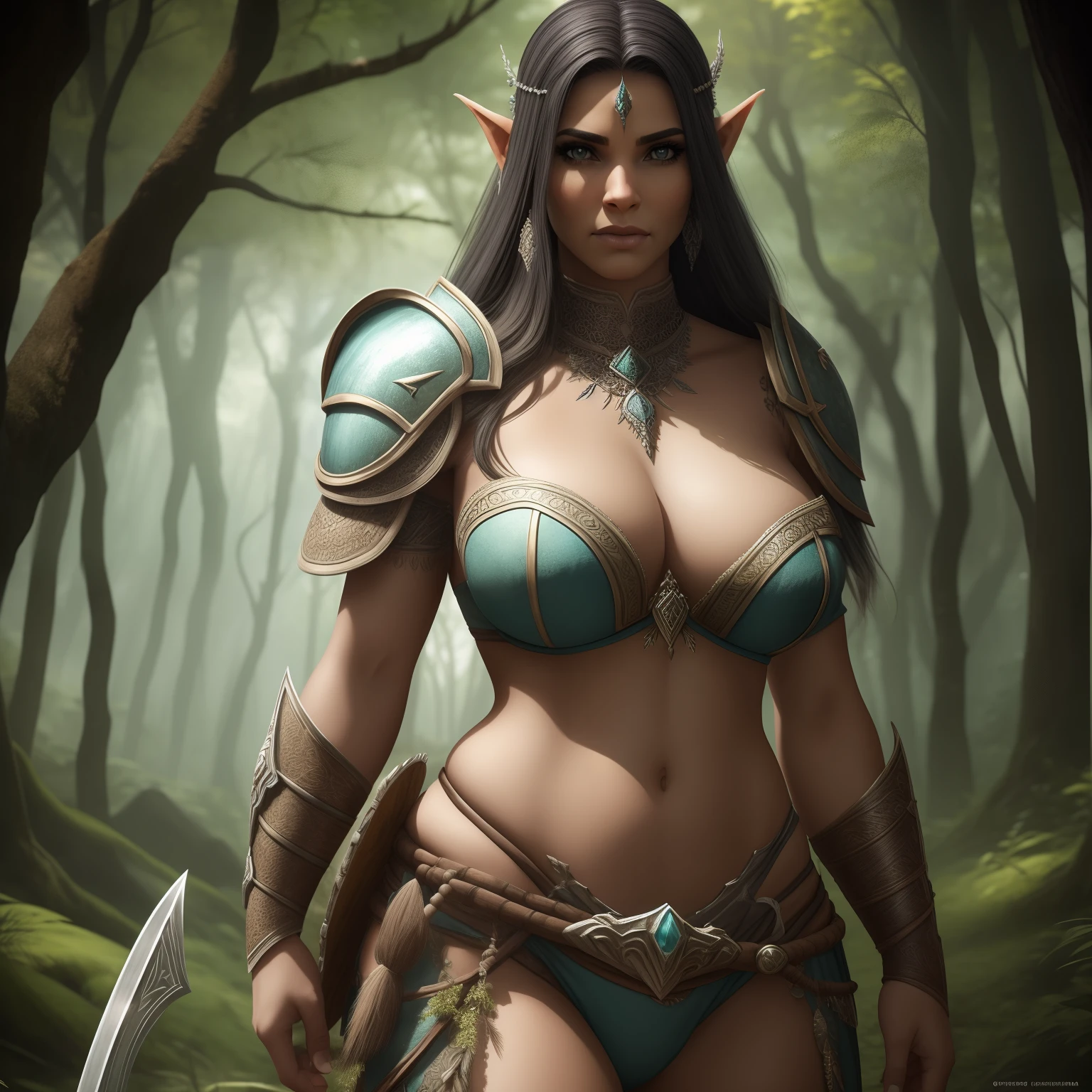 Beautiful female orc, olhos azuis, com coxas grandes, nice hips, nice waist, seios grandes, hair fluttering, vestindo roupas de pele de animais, cortina pelvial, capa de pele de animal, armadura e adornada com ossos de animais, em uma floresta coberta de neve 8K Ultra realista