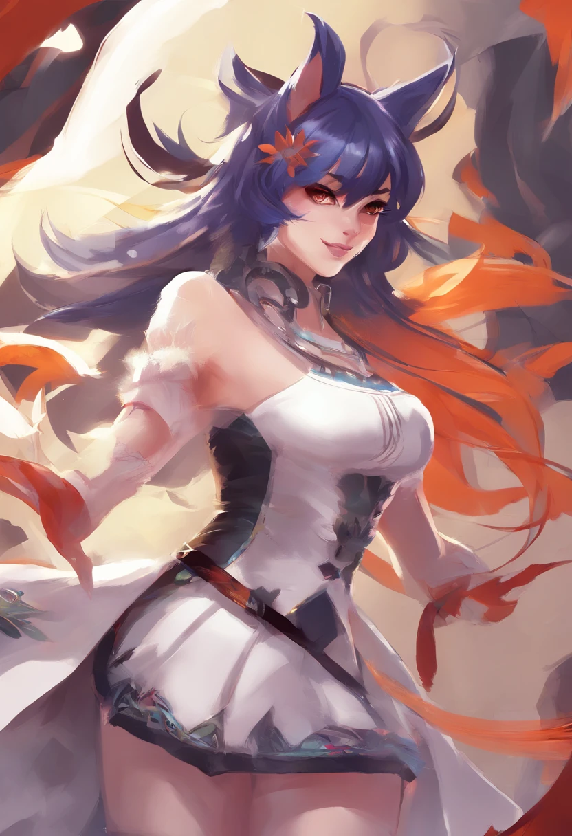 Ahri, Ahri_(league_Of_Lendas), 1girl, absurdos, bicho_Ouvidos, preto_Hair, imparcial_Mangas, Distr, facial_assinalar, raposa_Ouvidos, raposa_tail, hand_em cima, Altas, league_Of_Lendas, Longas_Hair, roem cimaa de neve, Magic, Multiple_coroa, Branco_coroa, laranja_olho, Separados_lips, sozinho, Standing, tail, cheio_corpo, arms behind back