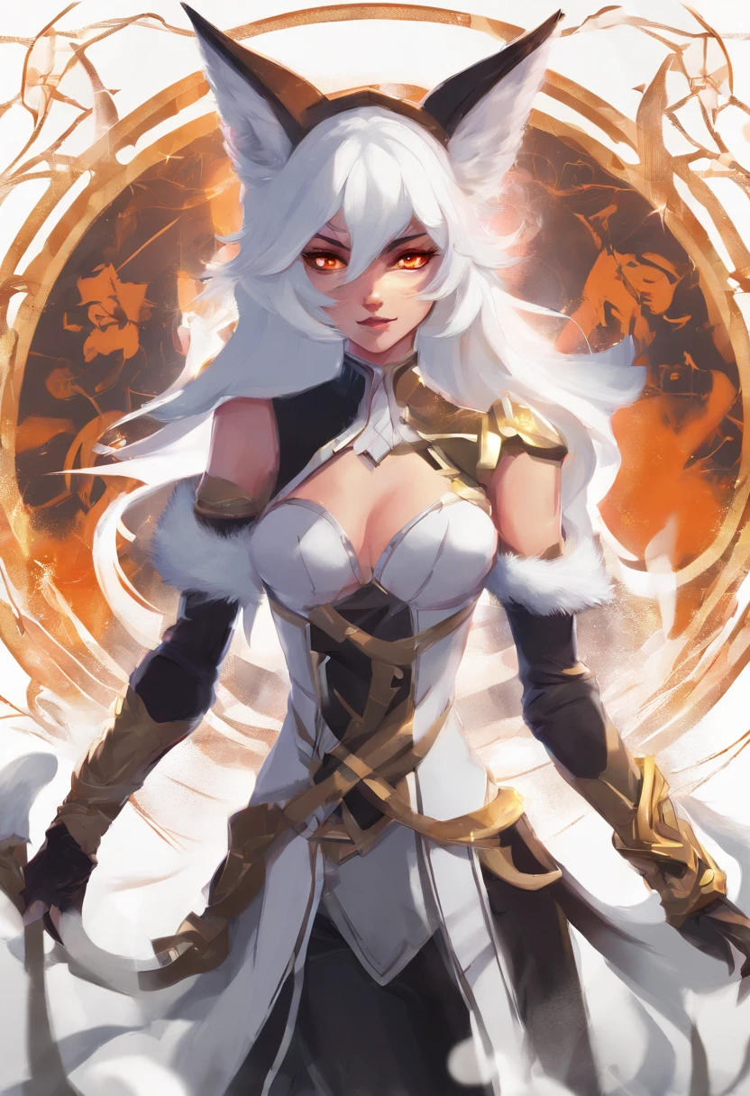 Ahri, Ahri_(league_Of_Lendas), 1girl, absurdos, bicho_Ouvidos, preto_Hair, imparcial_Mangas, Distr, facial_assinalar, raposa_Ouvidos, raposa_tail, hand_em cima, Altas, league_Of_Lendas, Longas_Hair, roem cimaa de neve, Magic, Multiple_coroa, Branco_coroa, laranja_olho, Separados_lips, sozinho, Standing, tail, cheio_corpo, arms behind back
