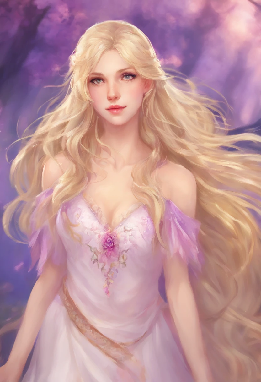 Beautiful adult woman, ling straight blonde hair, light purple eyes, glowing eyes, mysterious
