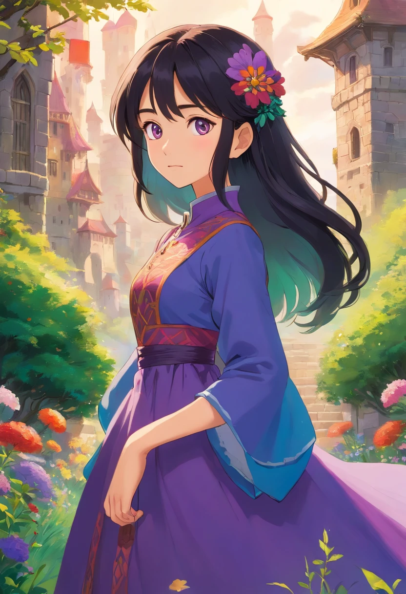 (best quality,highres),(realistic:1.37),(portrait),(oil painting:1.1)
extremely detailed face,beautiful detailed eyes,beautiful detailed lips,long black hair flowing,wearing a short purple dress,standing in front of the moving castle from Howl's Moving Castle.
lush green grass and vibrant flowers surround her.
soft sunlight shining from above creates a warm and enchanting atmosphere, casting gentle shadows on the ground.
she radiates confidence and elegance, with a slight smile on her face.
in the distance, the moving castle stands tall and majestic, its intricately designed details showcasing its magical nature.
the castle is adorned with vibrant colors and patterns, with parts of it moving and transforming.
a sense of mystery and adventure fills the air, inviting viewers to explore the mesmerizing world.
the overall color palette is rich and vibrant, with deep shades of purple and green, adding depth and contrast to the scene.
the lighting highlights the woman's features, illuminating her eyes and accentuating the textures of her hair and dress.
the oil painting style captures the beauty and essence of the woman, turning her into a timeless work of art.