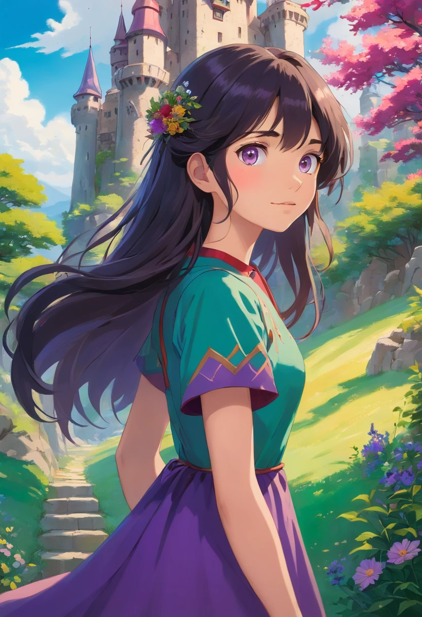 (best quality,highres),(realistic:1.37),(portrait),(oil painting:1.1)
extremely detailed face,beautiful detailed eyes,beautiful detailed lips,long black hair flowing,wearing a short purple dress,standing in front of the moving castle from Howl's Moving Castle.
lush green grass and vibrant flowers surround her.
soft sunlight shining from above creates a warm and enchanting atmosphere, casting gentle shadows on the ground.
she radiates confidence and elegance, with a slight smile on her face.
in the distance, the moving castle stands tall and majestic, its intricately designed details showcasing its magical nature.
the castle is adorned with vibrant colors and patterns, with parts of it moving and transforming.
a sense of mystery and adventure fills the air, inviting viewers to explore the mesmerizing world.
the overall color palette is rich and vibrant, with deep shades of purple and green, adding depth and contrast to the scene.
the lighting highlights the woman's features, illuminating her eyes and accentuating the textures of her hair and dress.
the oil painting style captures the beauty and essence of the woman, turning her into a timeless work of art.