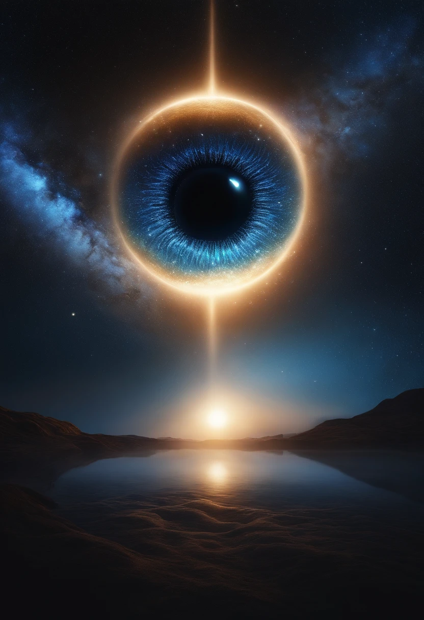 a modern and unique minimalist logo of a human eye reflecting the Milky Way inside，Nebulosa Azul，neblina nebulosa，brilho dourado，beautiful cosmic neural network，arte digital muito bonita, Arte digital altamente detalhada em 4k, softly swirling magical energy，Redemoinhos de magia，dreamlike art, Estilo Intrincado Ornamentado CGI Anime, fundo isolado