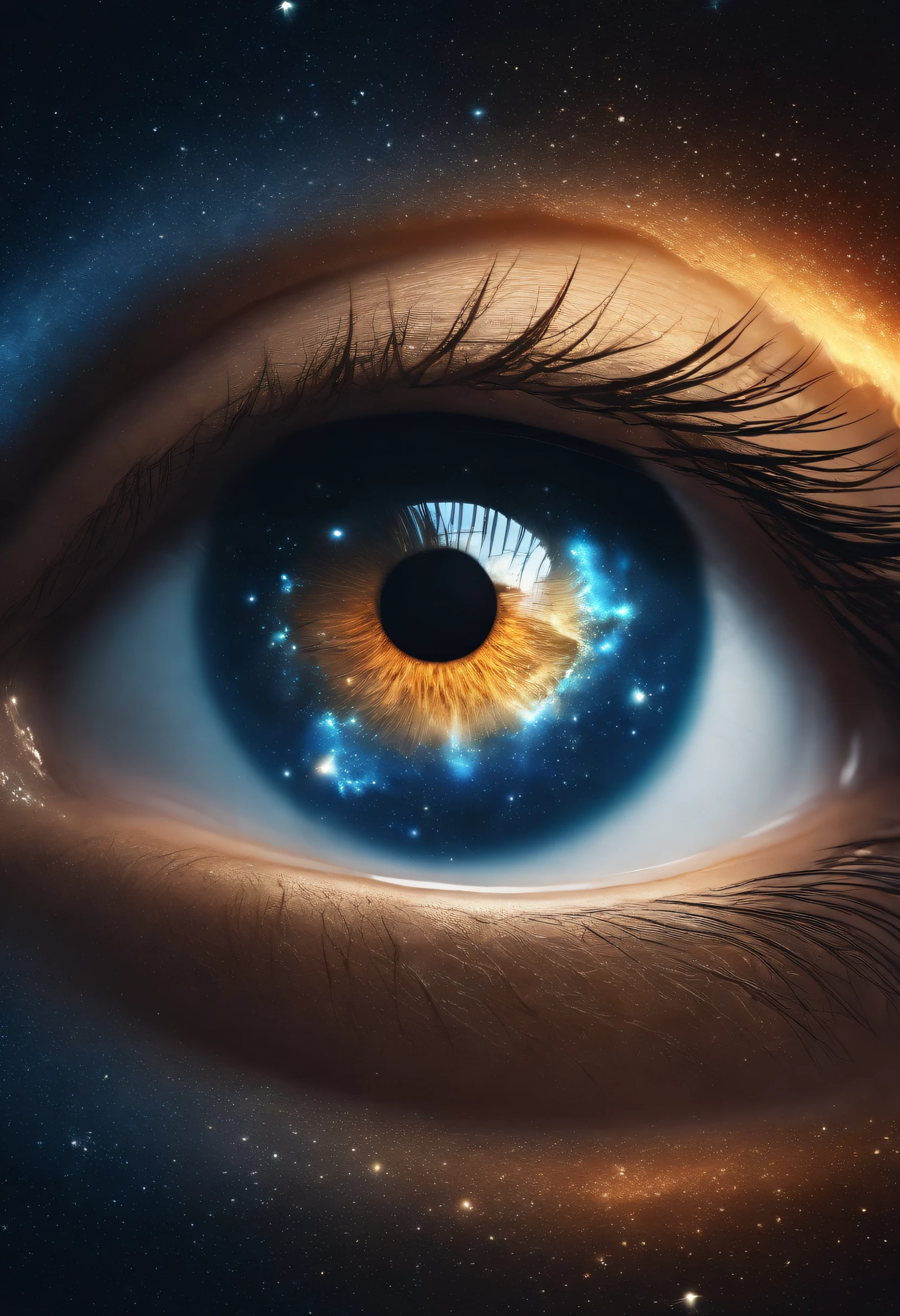 a modern and unique minimalist logo of a human eye reflecting the Milky Way inside,Nebulosa Azul,neblina nebulosa,brilho dourado,beautiful cosmic neural network,arte digital muito bonita, Arte digital altamente detalhada em 4k, softly swirling magical energy,Redemoinhos de magia,dreamlike art, Estilo Intrincado Ornamentado CGI Anime, fundo isolado