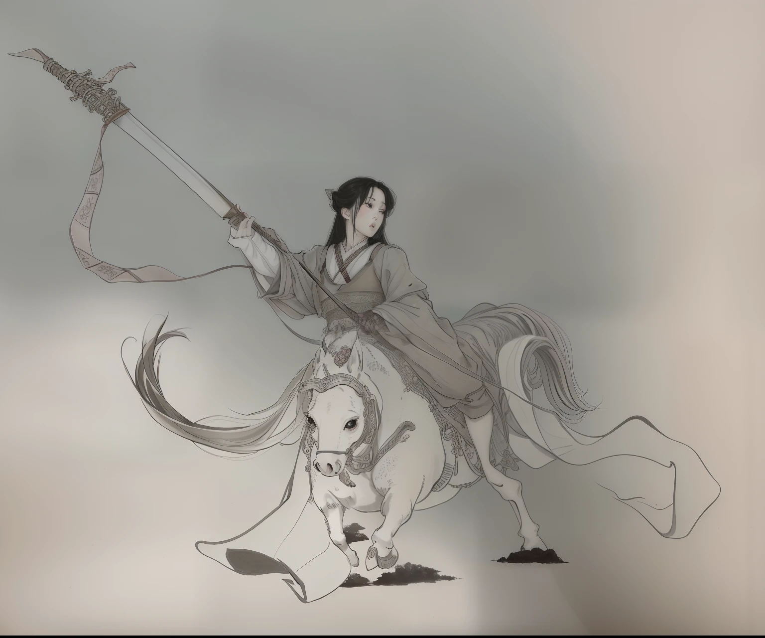 A painting of a man on horseback holding a sword in his hand, inspired by Heinrich Kley, Character drawing, inspired by Ma Shi, Inspired by Ryūkōsai Jokei, complex fantasy character, traditional animation, inspired by Li Rongjin, horse warrior, Akira in Chinese mythology, inspired by Kawanabe Kyōsai, the rider carries a large sword