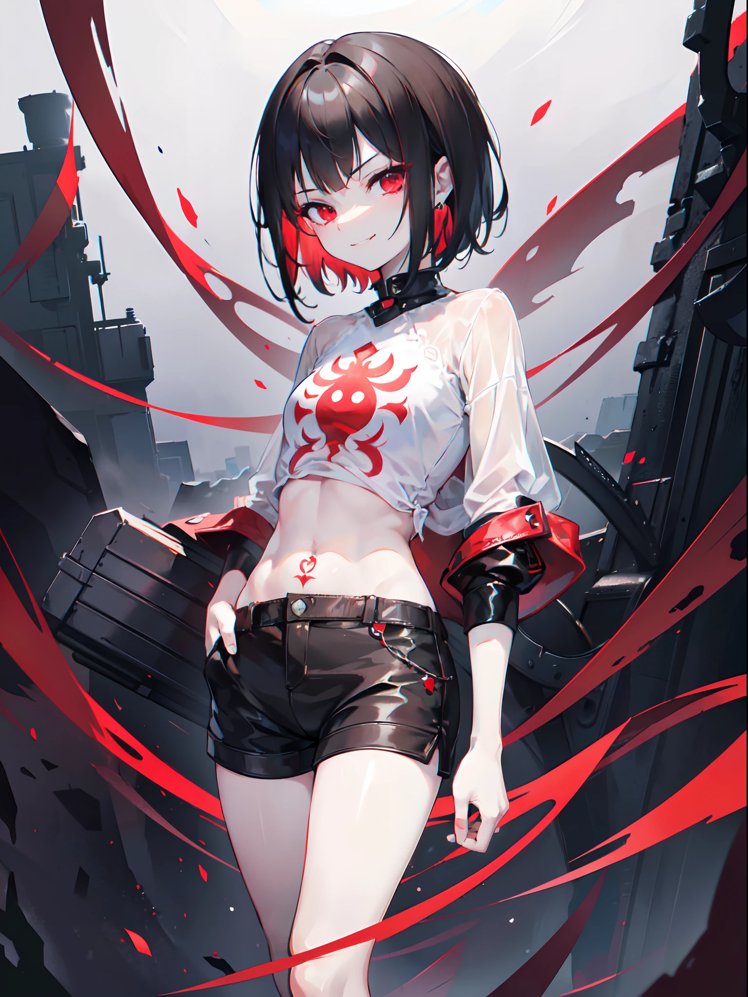 (masterpiece, sidelighting, finely detailed red eyes: 1.2), ((best quality)), ((masterpiece)), (highly detailed:1.3), anime, loli girl, small chest, childish body, bodytight shirt, oversized camouflage shorts, bandages on right leg, bandages on right hand, pale skin, (shadowed eyes, darkened eyes, glowing red eyes), (sharp teeth, smirk, evilish smile, mischevious smile), (short-medium hair, black hair, fancy haircut), red tatto on left hand, hands in pockets, scar on left hip, solo, 1girl,