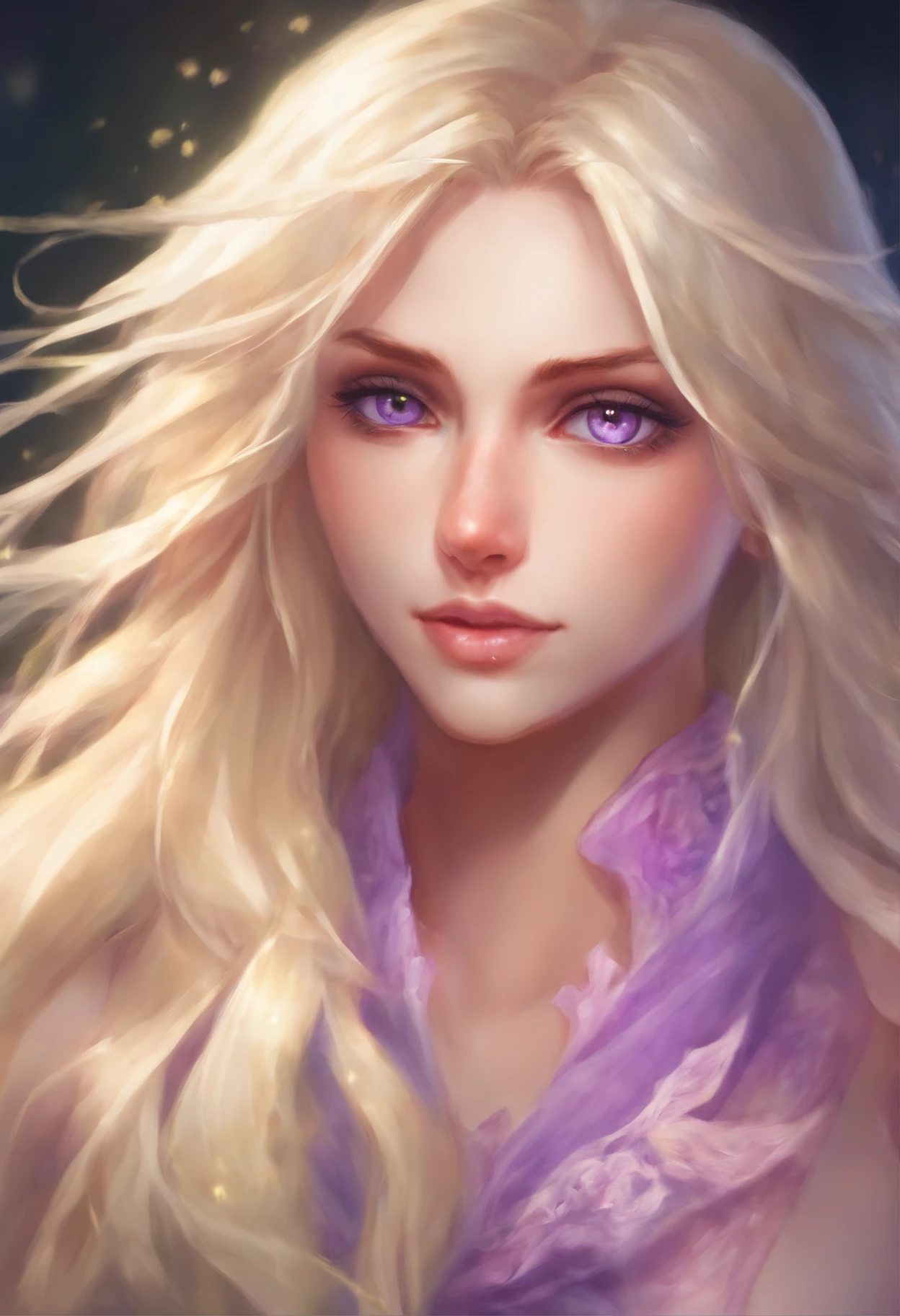 Beautiful adult woman, ling straight blonde hair, light purple eyes, glowing eyes,         mysterious