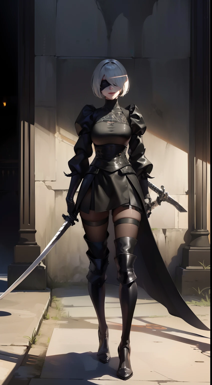 Yorha 2B, Fighting arena, Afternoon, light black armor, shadow sword, blindfolded, full body, smile, English punch,Afternoon, light black armor, shadow sword, blindfolded, full body, smile, English punch, solo woman, Only, wait, (Auto light) , (auto focus) , front to screen