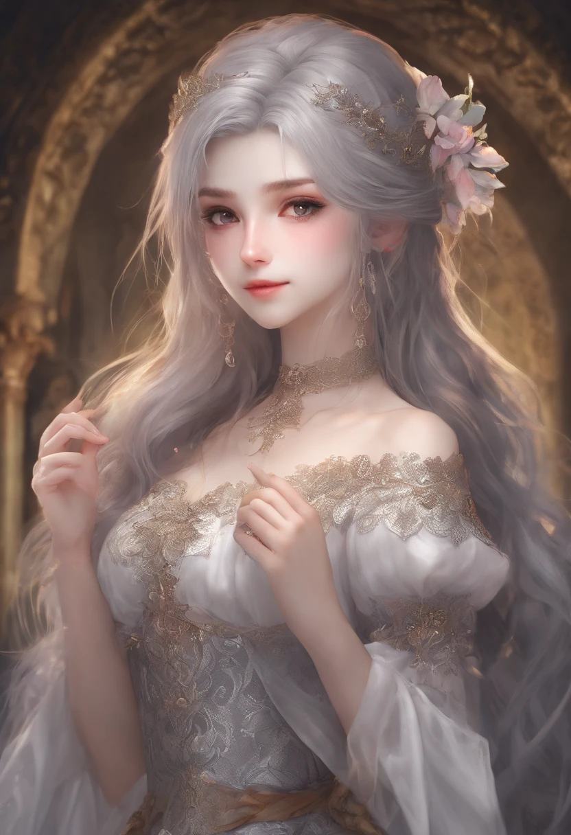 highly detailed, 8k, masterpiece, 1girl, Grey two-tone_hair, dress , , (perfect_face), ornate, intricate, dramatic lighting, 4k, detailed_background, caustics, portrait, , from_side