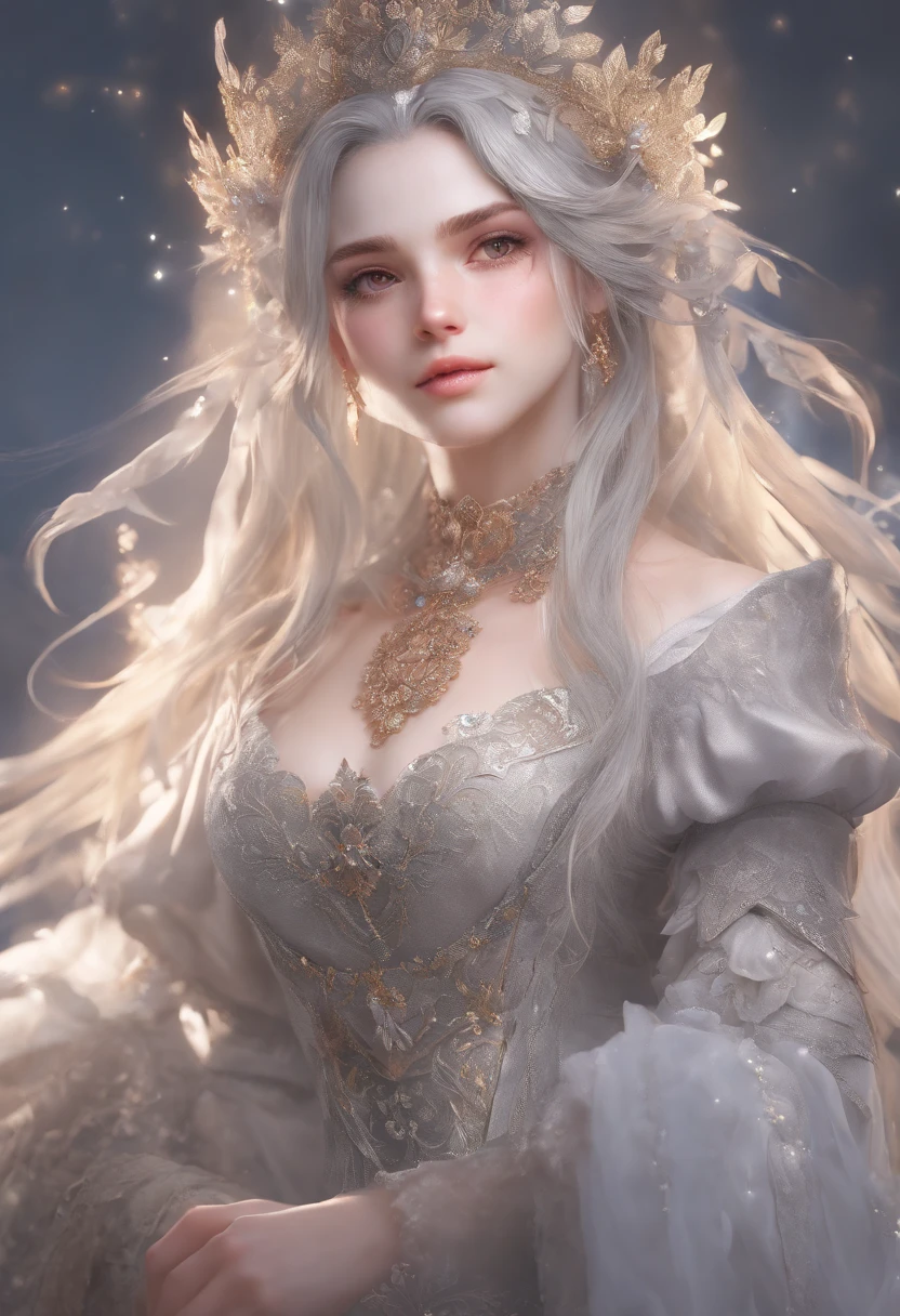 highly detailed, 8k, masterpiece, 1girl, Grey two-tone_hair, dress , , (perfect_face), ornate, intricate, dramatic lighting, 4k, detailed_background, caustics, portrait, , from_side