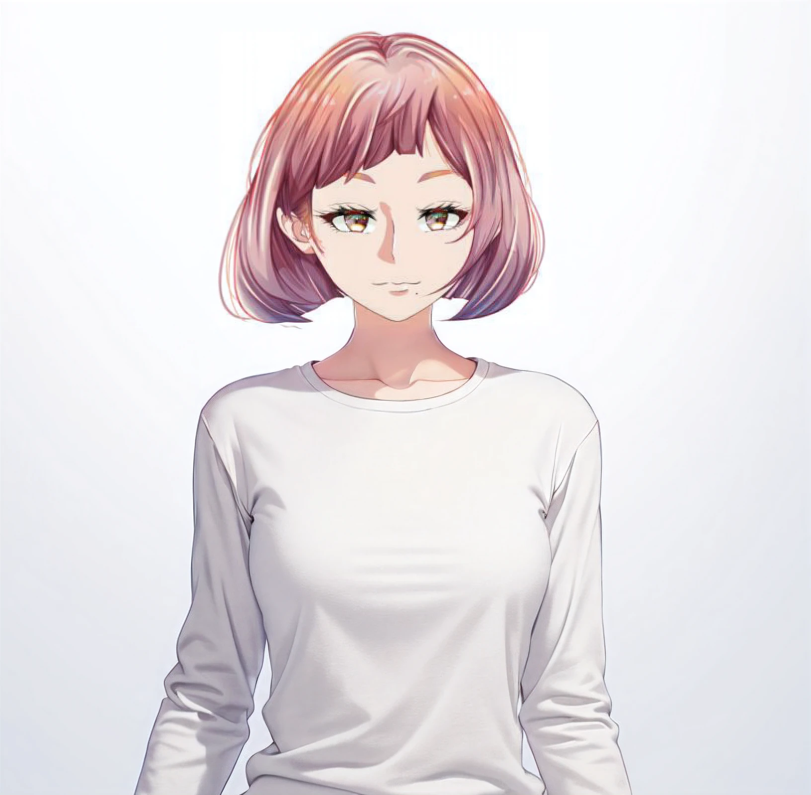 (((masterpiece))), (((best quality))), ((ultra-detailed)), (highly detailed CG illustration), ((an extremely delicate and beautiful)),((Soft off-white t-shirt:1.5)), ((plain t-shirt:1.5)),((long sleeves:1.5)),(Casual T-shirt),((From slight side:1.5)), (The side of one arm is visible),(very loose T-shirt:1.2), (plain t-shirt), upper body,portrait of an anime girl, t-shirt,1girl, (t-shirt without patterns:1.5), ((t-shirt without logo:1.6)), solo,(bronze eyes:1.5), (short hair),(Rose and light orange, purple hair), looking at viewer,smiling,bad-girl,mature female, anime girl with short hair, ((medium breasts:1.3)), cute natural anime face, detailed anime soft face, cute anime face, flat anime style shading, face anime portrait, made with anime painter studio, semirealistic anime style, perfect anime face, extremely cute anime girl face, high detailed face anime, pretty anime face, semi realistic anime, detailed anime face