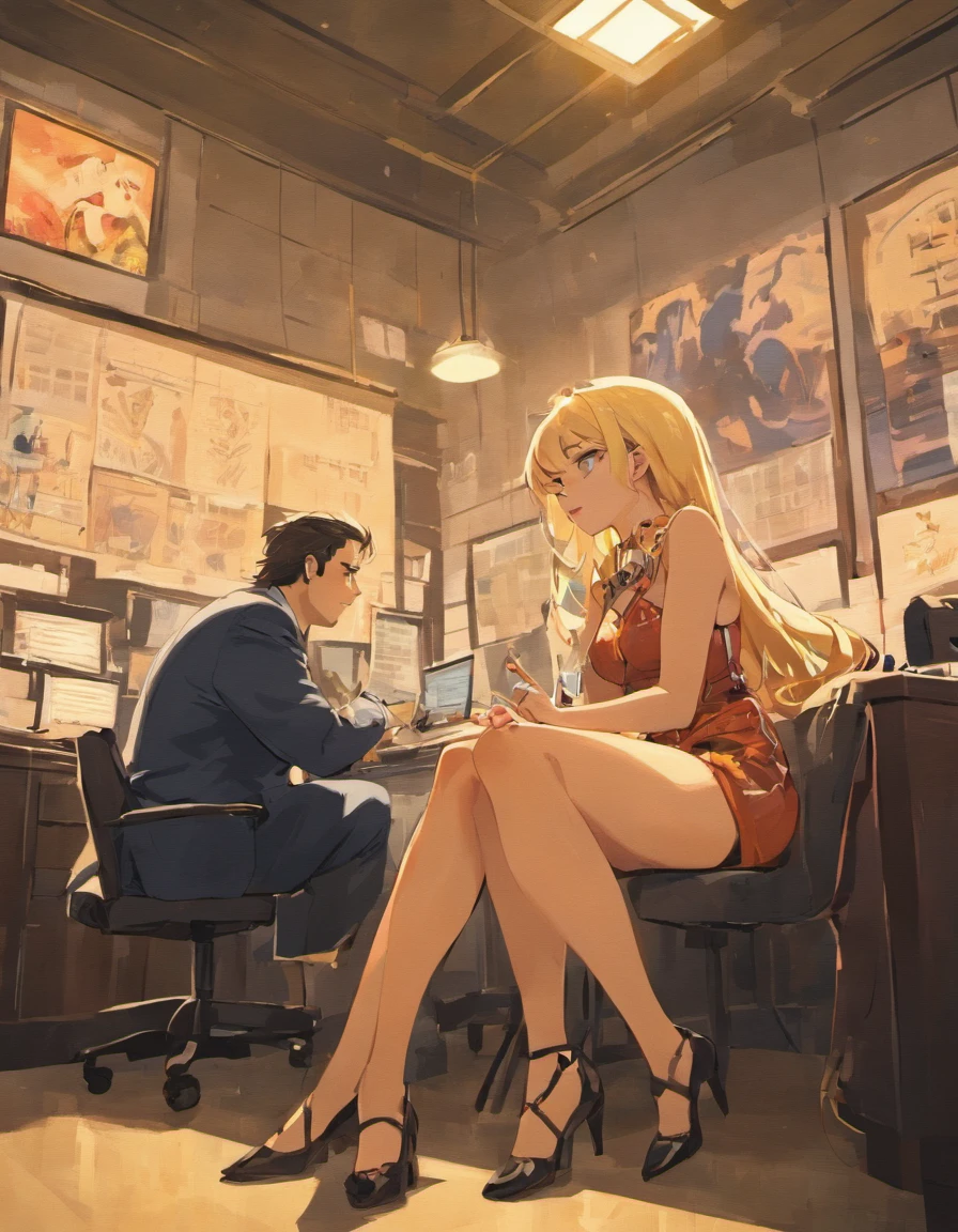 A beautiful blonde reporter and her photographer sit across from a fat man in an office room.
