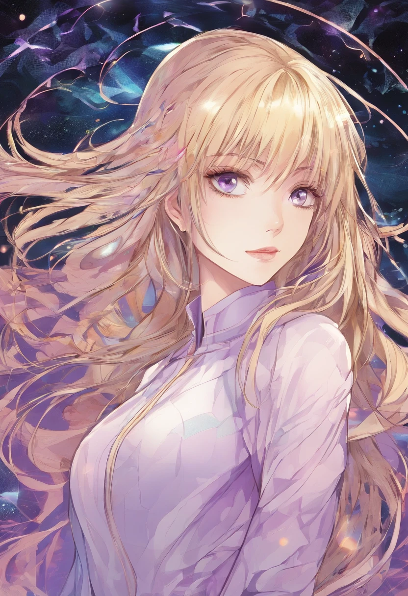 Beautiful adult woman, blond straight hair, light purple eyes, glowing eyes, magic, mysterious