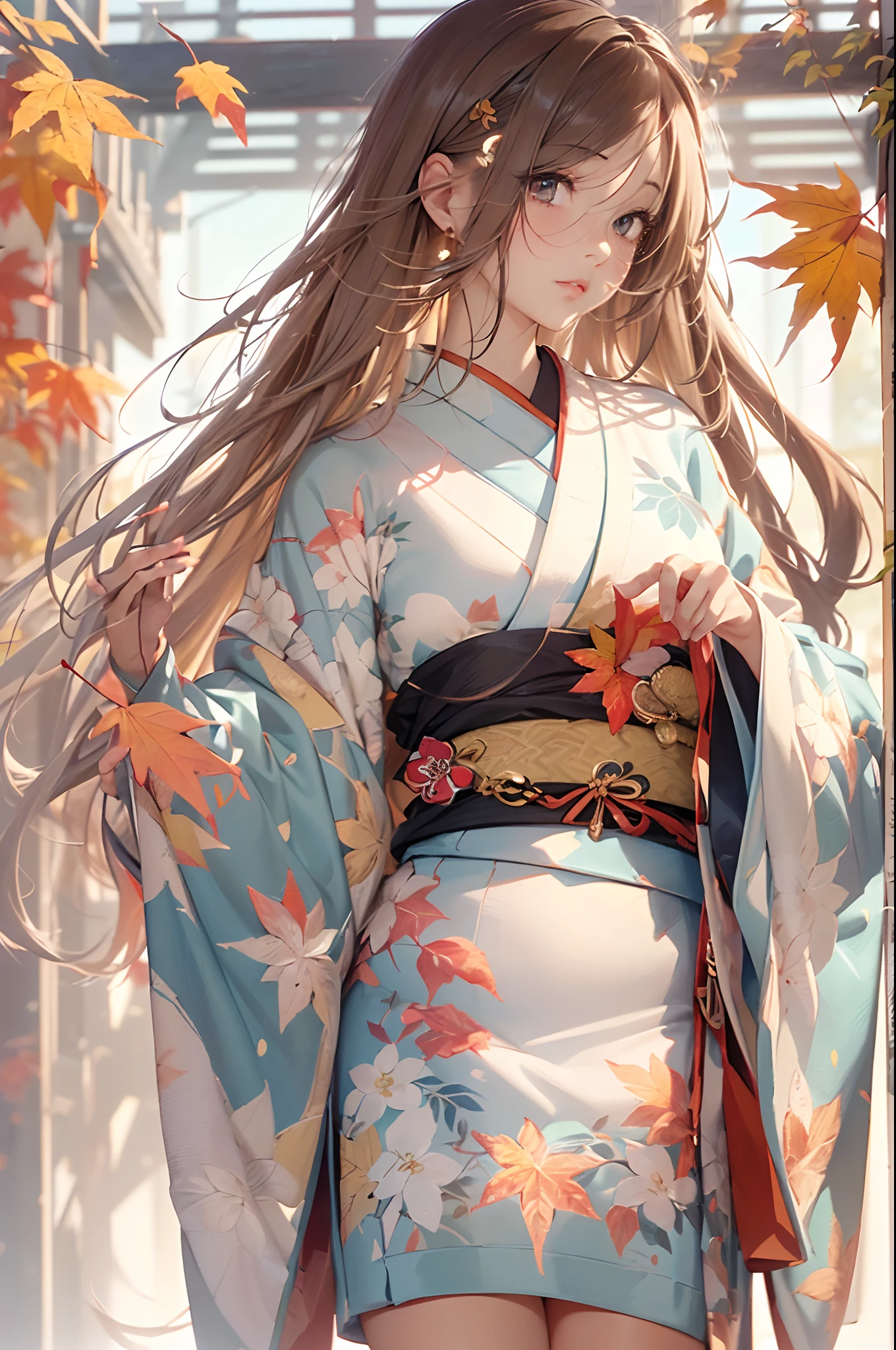 (Official art、absurderes、Best Quality、Unity 8k Wallpapers、32K、masterpiece、ultra-detailliert、超A high resolution、Oil painting style:1.2)、A slender、Medium bust、(Full body:1.2)、(sideshot、Looking away:1.2)、Highly detailed background、Realistic eyes、Sharp pupils、Beautiful girl in kimono、(very detailed face and eyes、beauitful face、super detailed skin、detailed skin textures:1.3)、Lots of autumn leaves、Sunlight、Autumn landscape、(thighs thighs thighs thighs:0.4)