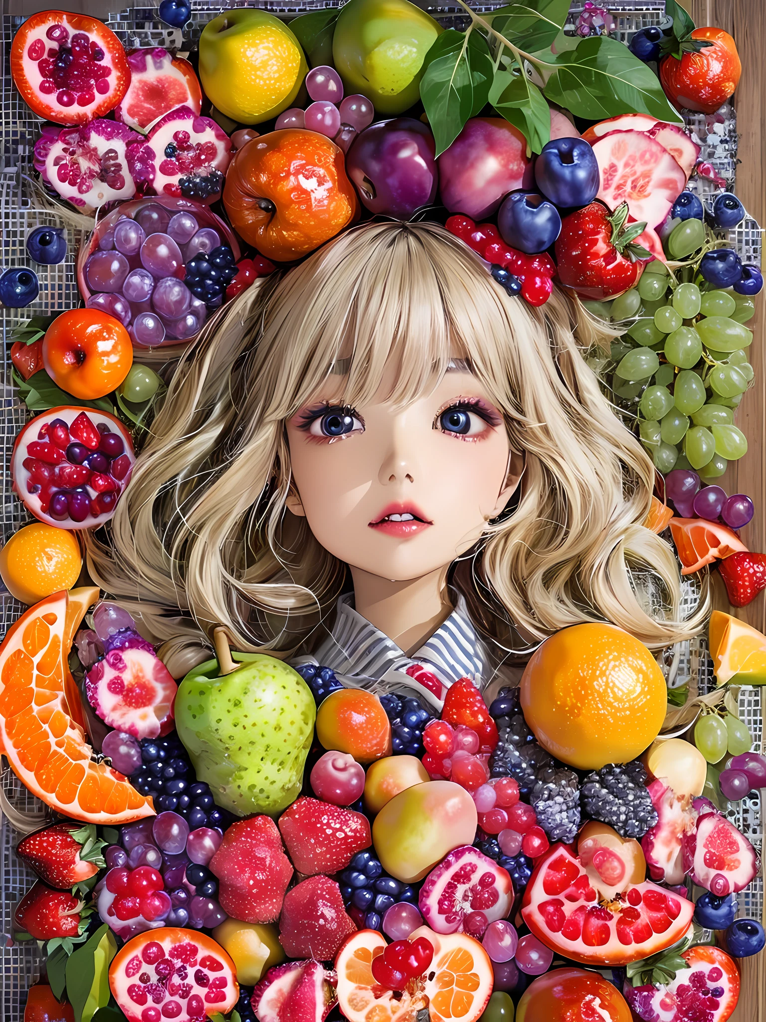 (Best Quality:1.2), (Beautiful detailed:1.2),(Detailed eyes and skin), (detailed facial features), nffsw, Perfect Style, Beautiful face, Anatomically correct, Highly detailed face and skin texture, Glossy skin, nanashi_yuzuriha, BREAK (1girl:1.3), (solo), (supermodel:1.2), Perfect Eyes, Symmetry Eyes, (dramatic makeup: 1.3), (Heavy makeup: 1.3), (perfect hand:1.2), (mall hand:1.2), BREAK (knolling layout with fruits:1.8), (full body:1.6), (extremely super hyper ultra very very maji beautiful girl :1.3), (kawaii:1.2),(colorful hair:1.2),(Harajuku fashion:1.3),