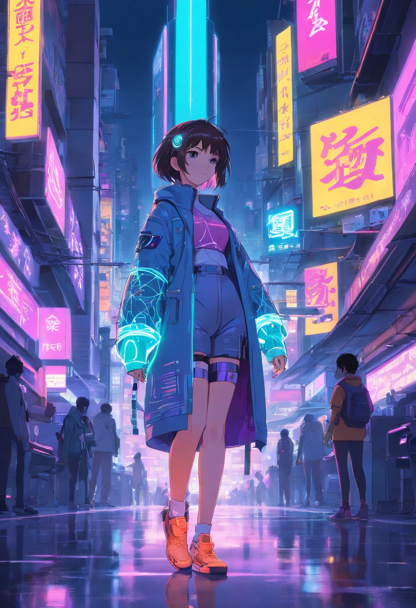 (Paisagem urbana cyberpunk) () Neonix, uma garota de anime cyberpunk, navigates the neon metropolis with a rebellious spirit. Seu cabelo parece pulsar com luzes neon, changing color with each heartbeat. Seus olhos seguram o brilho do desafio, reflecting the determination of a digital revolution. His costume is a fusion of threads, Circuitos, e moda urbana, adornado com detalhes em neon que piscam como luzes da cidade. Neonix exudes an aura of technological prowess, as if she could invade the very city around her. In your presence, A paisagem urbana cyberpunk ganha vida, with holographic billboards changing to display their messages and the air charged with the hum of machines and protest chants. 🌆🌃🤖💥