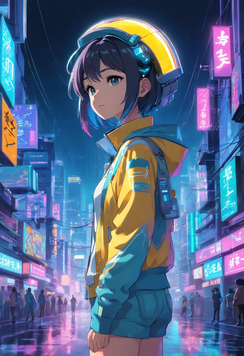 (Paisagem urbana cyberpunk) () Neonix, uma garota de anime cyberpunk, navigates the neon metropolis with a rebellious spirit. Seu cabelo parece pulsar com luzes neon, changing color with each heartbeat. Seus olhos seguram o brilho do desafio, reflecting the determination of a digital revolution. His costume is a fusion of threads, Circuitos, e moda urbana, adornado com detalhes em neon que piscam como luzes da cidade. Neonix exudes an aura of technological prowess, as if she could invade the very city around her. In your presence, A paisagem urbana cyberpunk ganha vida, with holographic billboards changing to display their messages and the air charged with the hum of machines and protest chants. 🌆🌃🤖💥