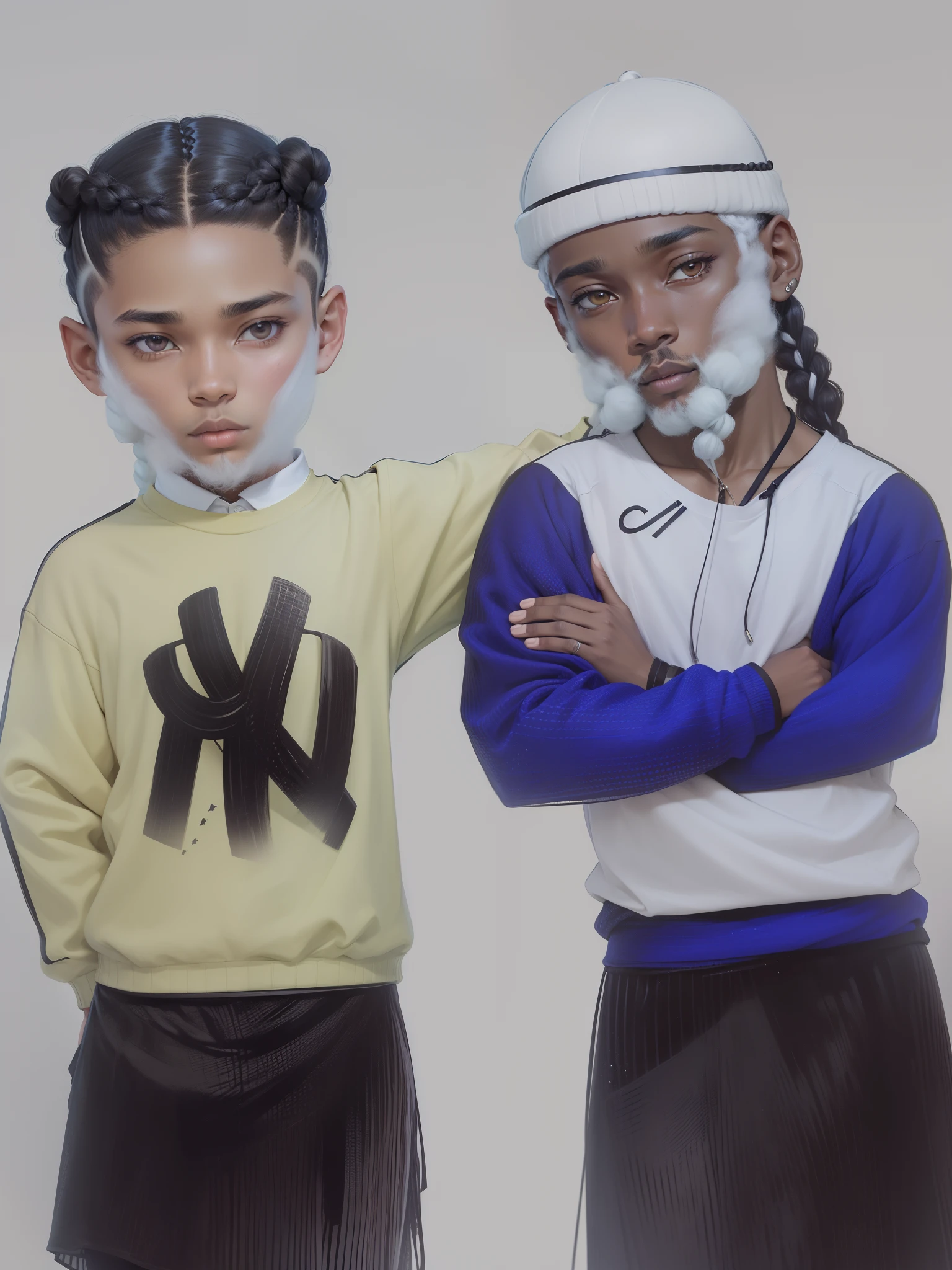 Dois meninos negros usando moleton , one with gradient hair and the other with braids in the hair, Realismo, anime.