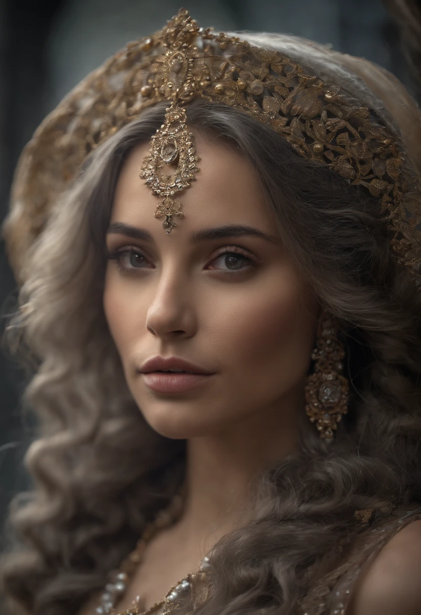 highly detailed, 8k, masterpiece, 1girl, Grey two-tone_hair, dress , , (perfect_face), ornate, intricate, dramatic lighting, 4k, detailed_background, caustics, portrait, , from_side