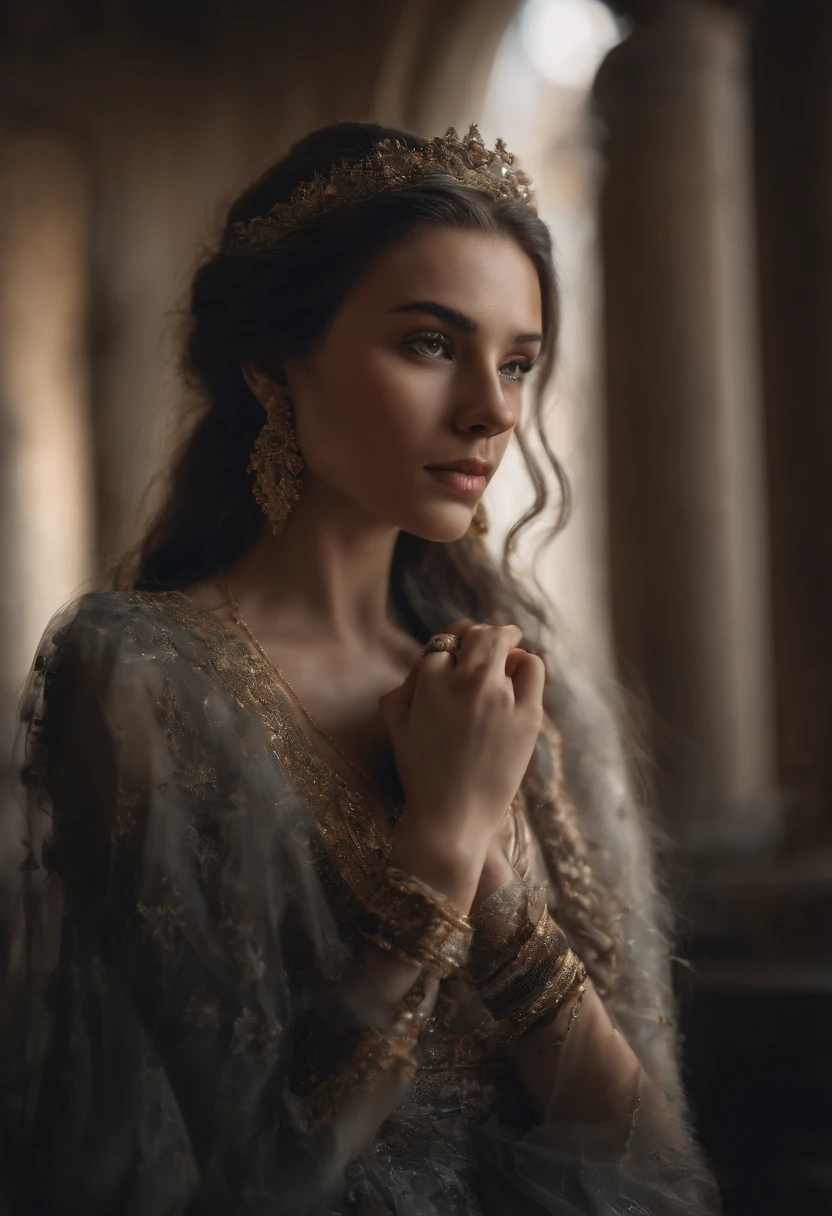 highly detailed, 8k, masterpiece, 1girl, Grey two-tone_hair, dress , , (perfect_face), ornate, intricate, dramatic lighting, 4k, detailed_background, caustics, portrait, , from_side