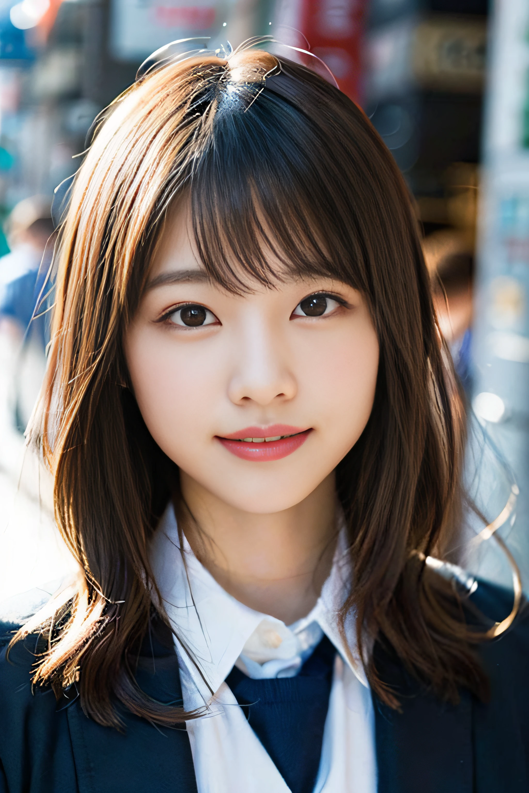 (8K、Raw photography、top-quality、masterpiece:1.2)、(realisitic、Photorealsitic:1.37)、ultra-detailliert、超A high resolution、1人、see the beholder、beautifull detailed face、A smile、Constriction、(Slim waist) :1.3)、Beautiful detailed skin、Skin Texture、Floating hair、Professional Lighting、Whole human body、Longhaire、a blond、japanese hight school uniform、hi-school girl、matsuri、In the street、Bob Hair、Happy smile
