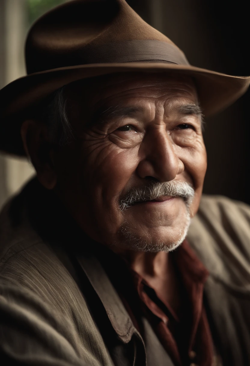 Country grandfather、Face dark、Both cheeks are round and reddish、Missing teeth and ugly、a straw fedora hat、Upper body only、