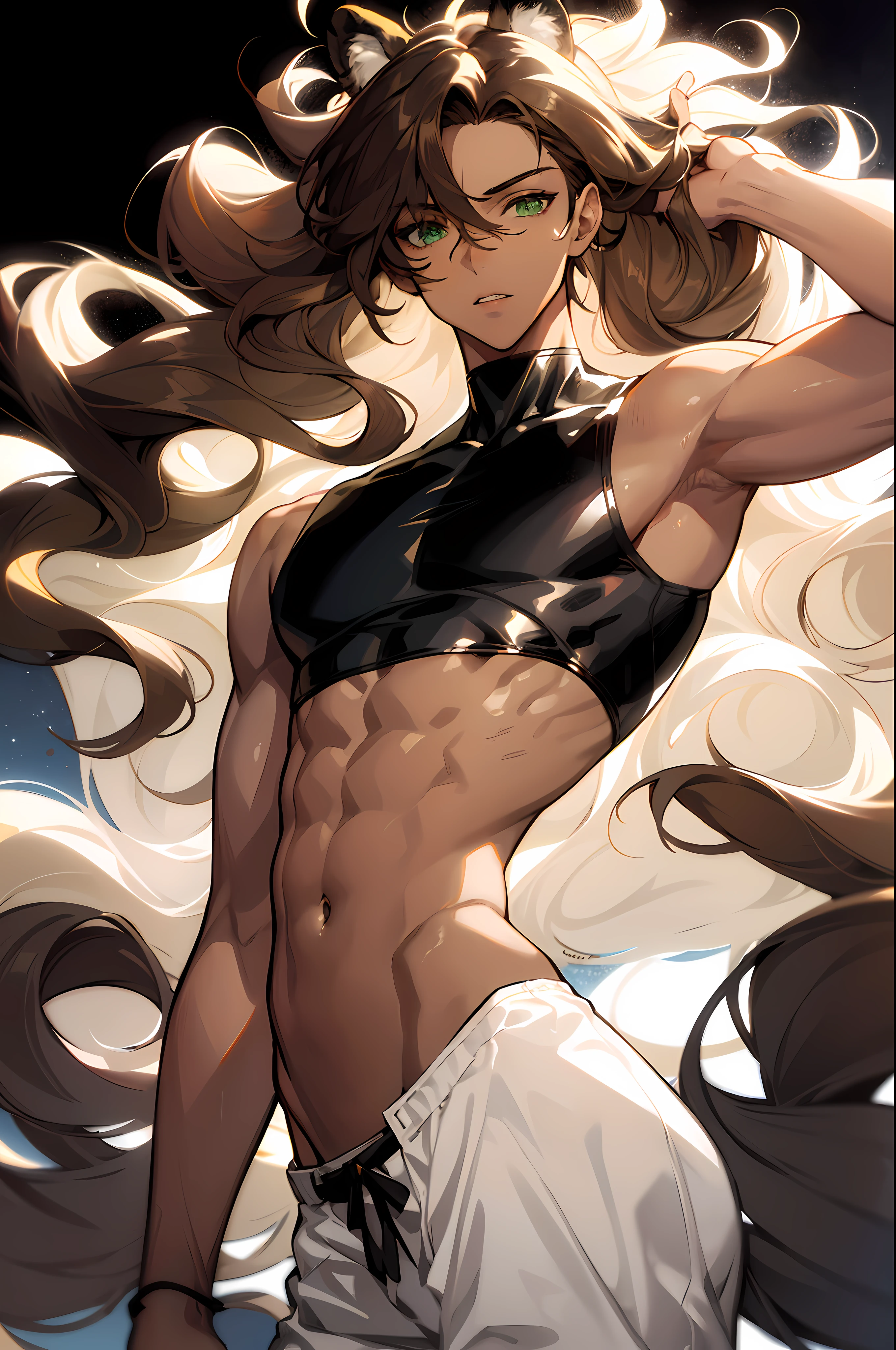 a beautiful man, extremely long hair , brown hair , light green eyes , brown skin, adult male ,Solo, male, skinny , effeminate, full lips , wearing a crop top  , big hair  , wavy hair  , skinny body , has tiger ears