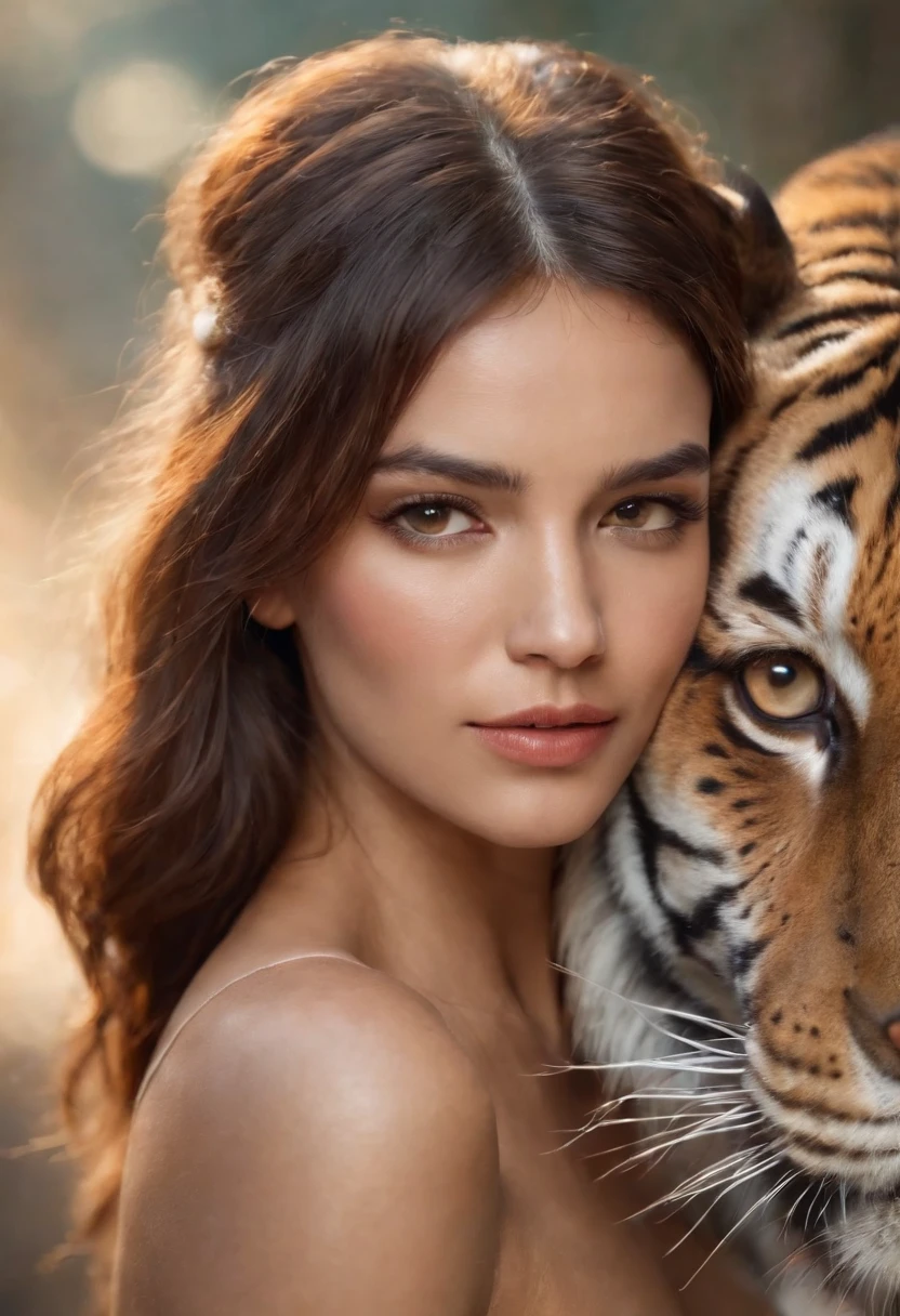 Draw a tiger woman's face, beautiful, Amazing art, highly detailed artwork