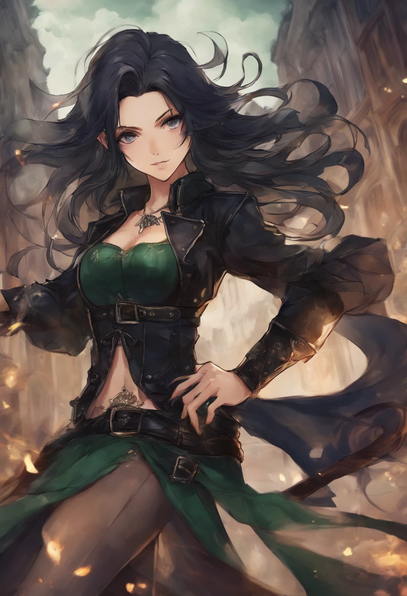 anime style very beautiful, sexy woman, long black curled hair, dark greenish eyes, wearing a black corset with strings in the front, black leather tights, black leather jacket, whip, with the background of a gloomy city