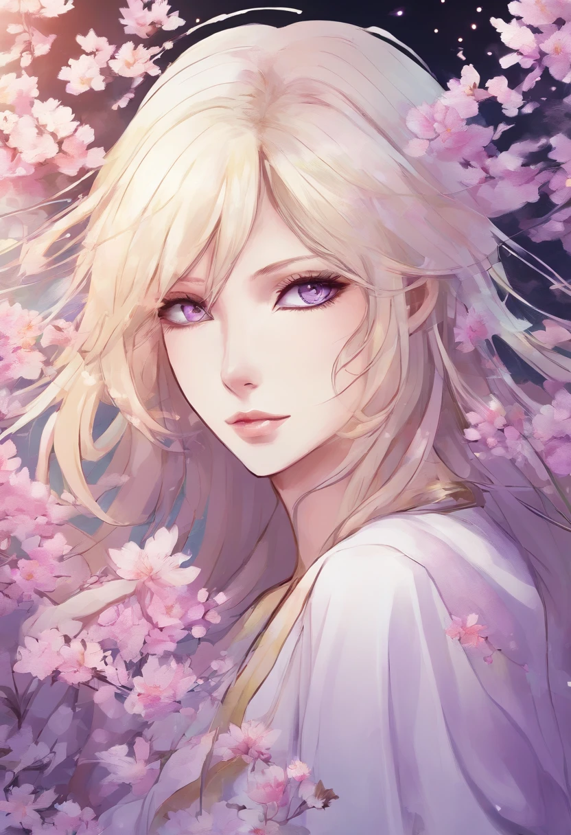 Beautiful adult woman, blond straight           hair, light purple eyes, glowing eyes,              magic, mysterious, blossom, exotic,                woman_focus