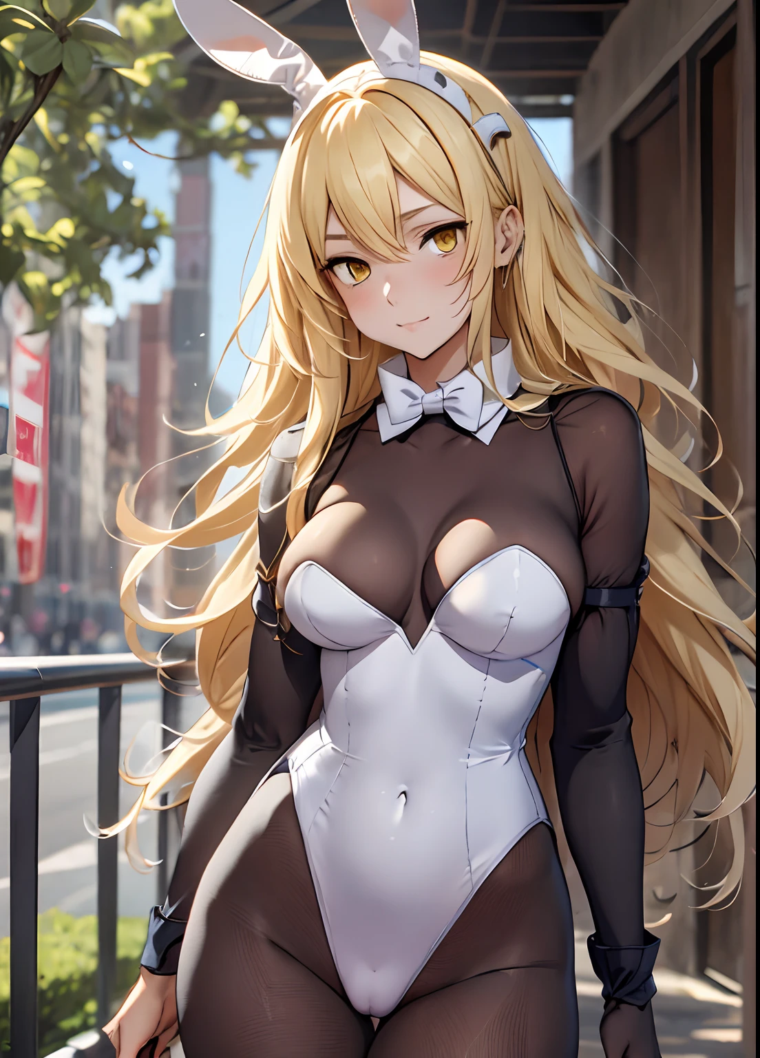 ais, 1girl, solo, blonde hair, long hair, straight hair, yellow eyes, sunny, standing, bunny outfit, playboy bunny