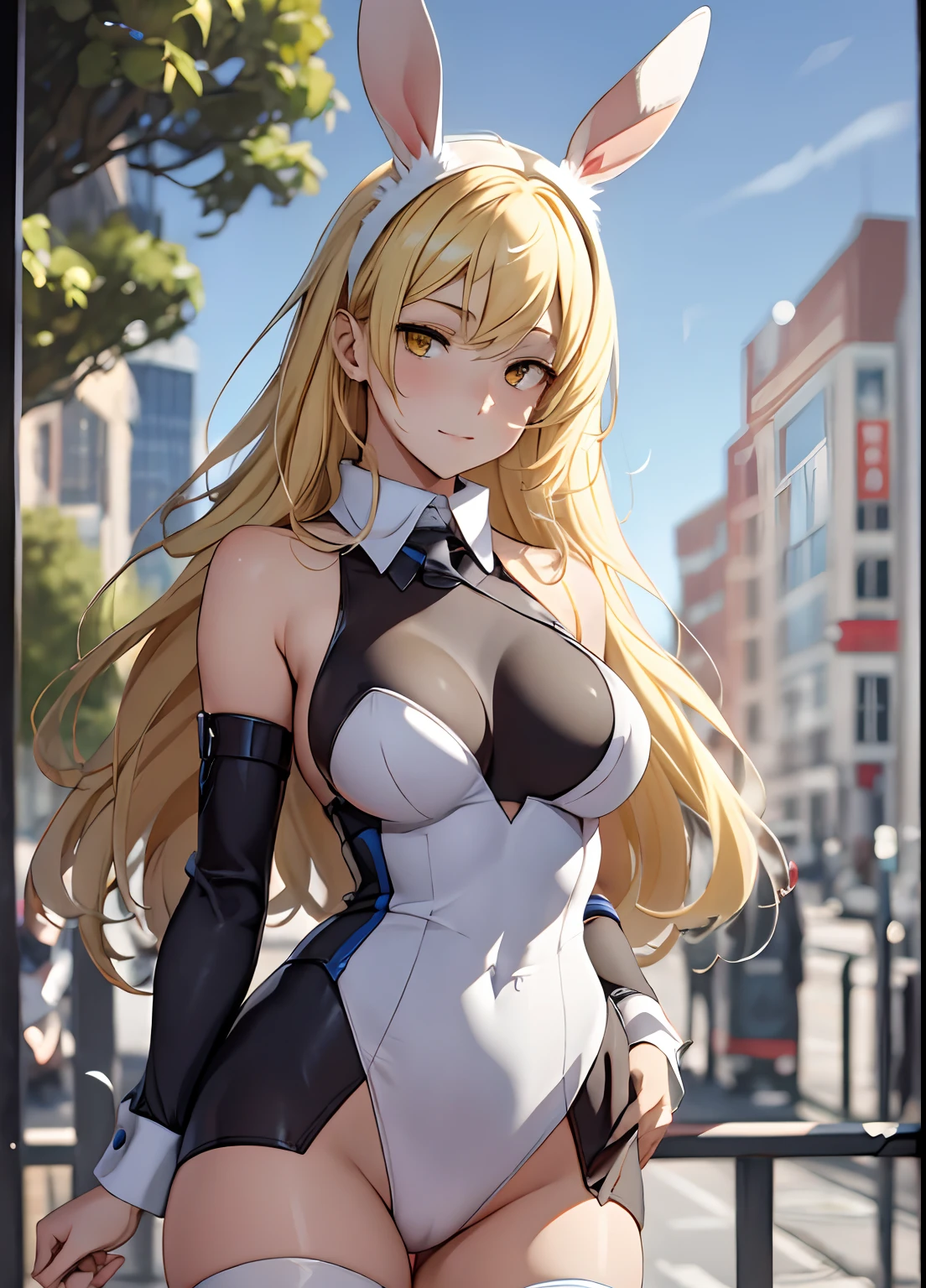 ais, 1girl, solo, blonde hair, long hair, straight hair, yellow eyes, sunny, standing, bunny outfit, playboy bunny