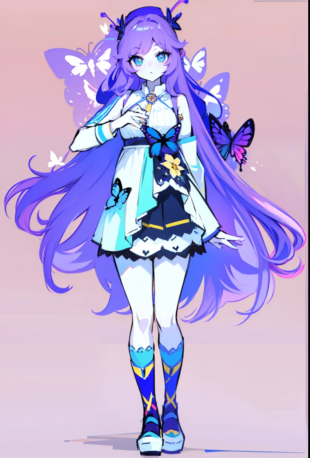 white skin, purple to blue hair, yellow eyes, blue lips, butterfly dress