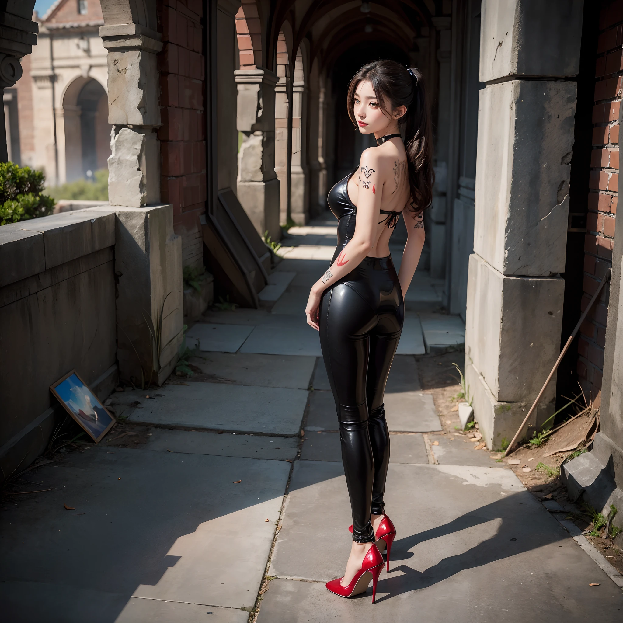 ((​masterpiece:1.4)、(top-quality:1.4)、(reallistic:1.7))、a beauty girl、Super sexy girl、Super beautiful girl、((1girl in:1.4))、Shiny natural skin texture、Glossy luxury latex、Luxury Latex Bodysuit、Very revealing sexy outfits、By Luis Royo、age19、Super Ultra Ultra Bikini、(Cute tattoos:1.4)、(standingn)、(full body Esbian:1.4)、(Looking Back Beauty:1.4)、(Two arms:1.4、Two legs:1.4)、(perfect anatomia:1.4)、(Perfect female body:1.4)、Portrait photo of a girl、Soft front light、beautiful countenance、kawaii faces、Beautiful udder、Colossal tits、Beautiful ass、A detailed eye、Draw eyes clearly and beautifully、beautidful eyes、Narrow waist、Raw photo、red-lips、Red high heels、Long hair keeps together in a cool way、poneyTail、a choker、a necklace、耳Nipple Ring、1 screen display、Beautiful girl standing on the ruins of an ancient city