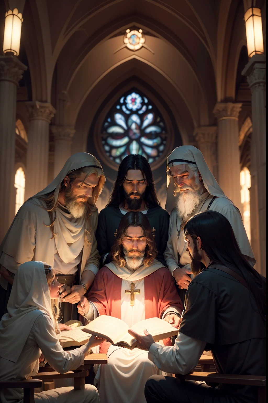 "Imagine an image of the Apostles of Christ, em uma cena inspiradora e significativa. They are gathered in a sacred environment, like a church or an impressive natural setting. Every apostle is clothed in the clothes of the time, mostrando sua individualidade e personalidade. Their facial expressions convey a mixture of devotion, Faith and determination. Some are standing, while others are sitting or kneeling, Creating a dynamic composition. Divine light bathes the apostles, destacando suas figuras e criando um ambiente espiritual. Ao fundo, there may be symbols or elements that represent the message and teachings of Christ. The image captures the importance and significance of the apostles as followers and messengers of Jesus, conveying a sense of reverence and inspiration, all characters don't wear tattoos"