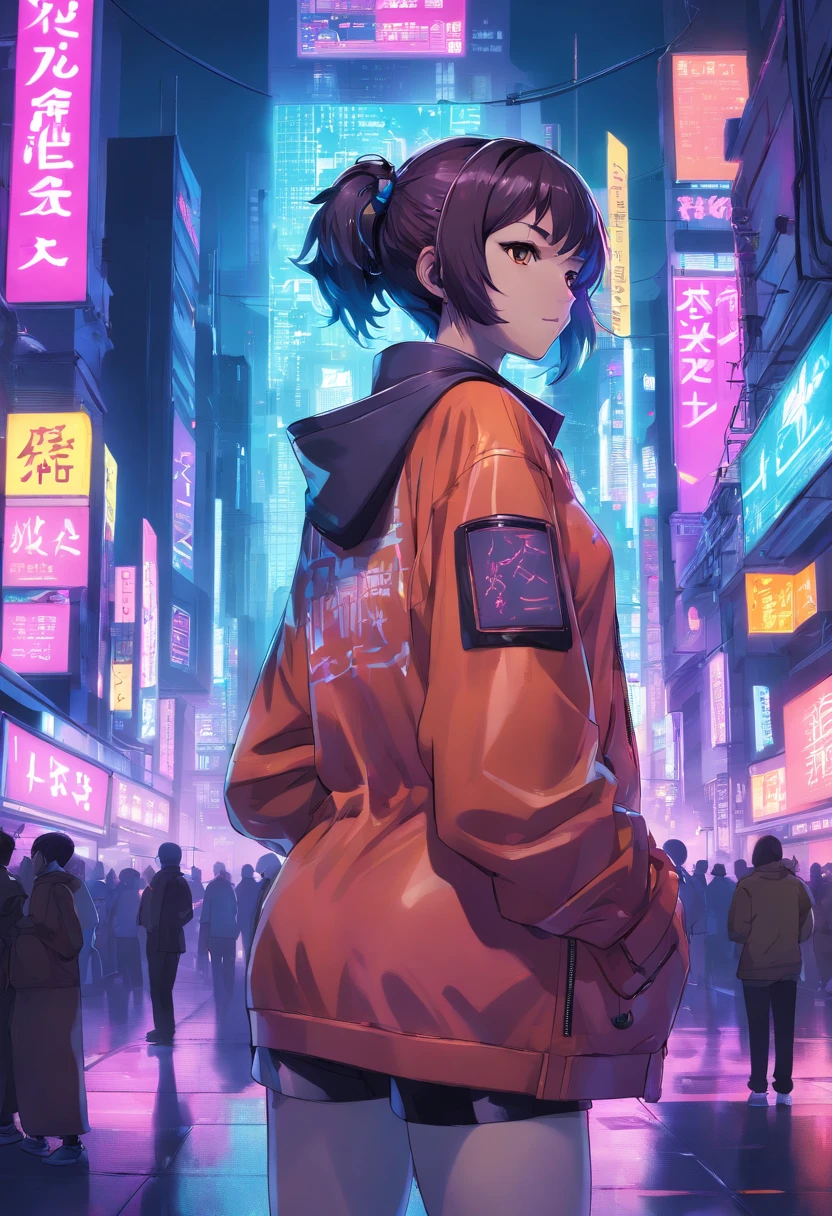 (cyberpunk city landscape) () Nyonix, cyberpunk anime woman, posing from behind in metropolis with a rebellious spirit. Her hair seemed to dance under neon lights, The color changes with each heartbeat. Her eyes flashed with contempt, Reflecting the determination of the digital revolution. Her costume is a fusion of wires, circuit, and urban fashion, Decorated with neon signs，Twinkle like a city light. Nyonix exudes an aura of technical prowess, As if she could invade the cities around her. In her presence, Cyberpunk cityscapes come to life, The holographic billboard changes to show her message，The air was filled with mechanical hums and slogans of protest, milf, curvy