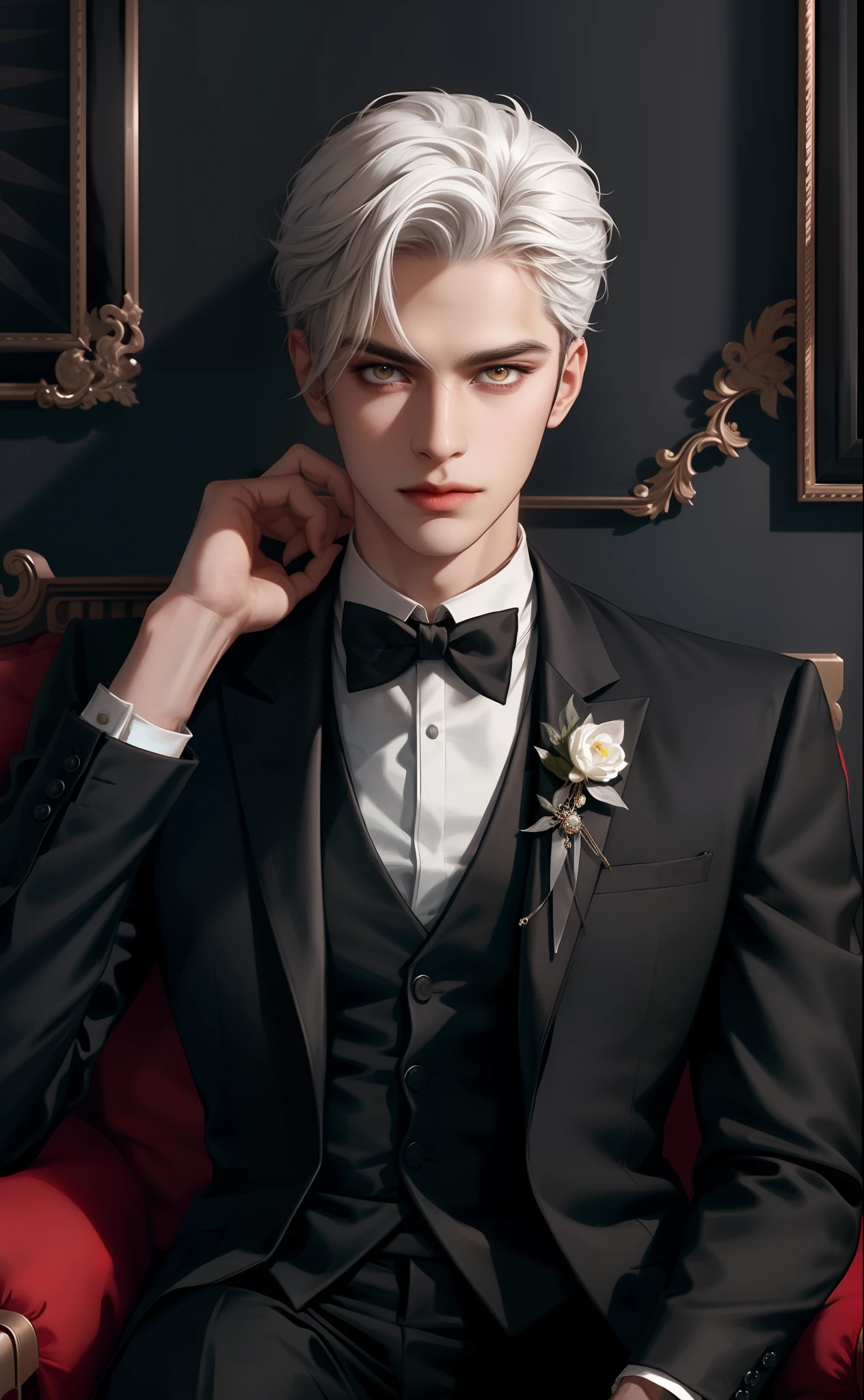 Create a masterful and highly-detailed portrait of a young man who is the epitome of sophistication. This young man should be the focal point of the artwork, with striking features like white hair, piercing yellow eyes, and intricate tattoos on his neck and arms. He’s dressed in a sharp white shirt, a black tie, and a brown vest, exuding an air of elegance. The background should be minimalistic to keep the focus on him. He wears round glasses and has short, neatly styled hair. His lips are slightly parted, revealing a sense of confidence. The artwork should showcase his hands, which are adorned with rings, resting on his shoulders, and his arms with the tattoos. He completes his look with a black shirt and a red undershirt.