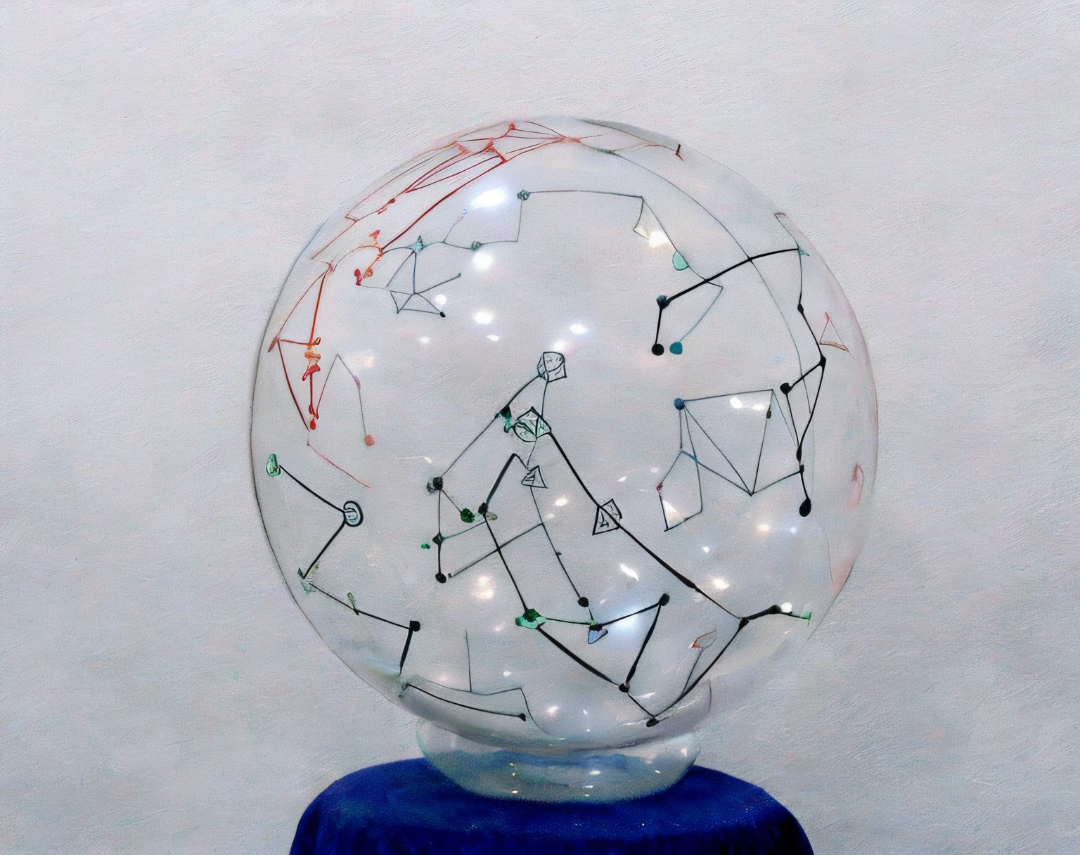 There is a glass ball with a drawing on it on a stand, globo de plasma, Directed by: Buckminster Fuller, esferas de vidro, Directed by: Karel Stech, esfera de vidro, esferas de vidro, Directed by: Nancy Spero, Directed by: Eva Gonzalès, bola de vidro, Spherical, Directed by: Sigrid Hjertén, Directed by: Magdalene Bärens