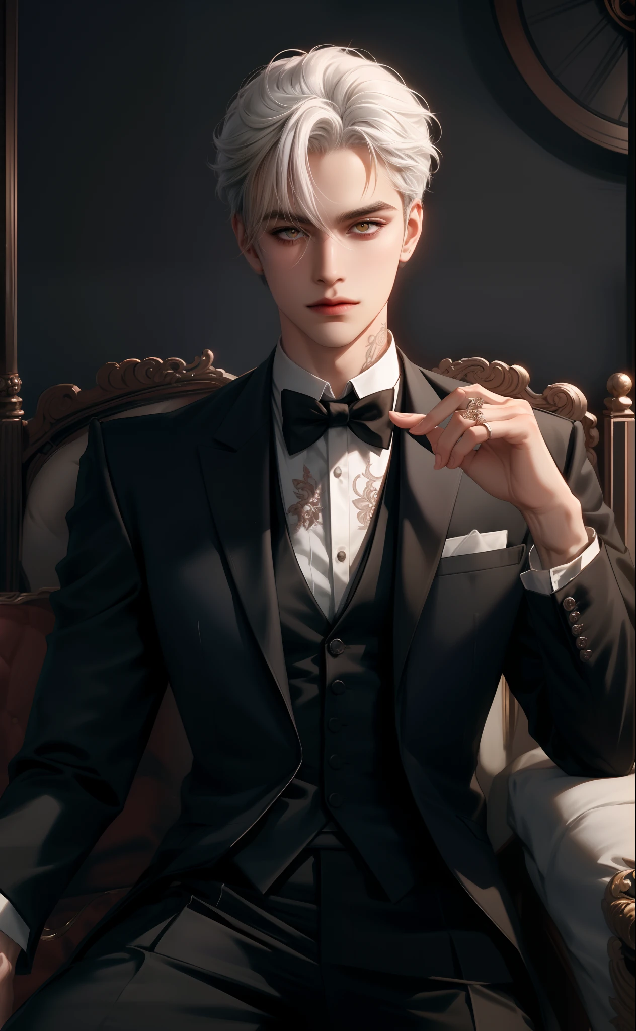 Create a masterful and highly-detailed portrait of a young man who is the epitome of sophistication. This young man should be the focal point of the artwork, with striking features like white hair, piercing yellow eyes, and intricate tattoos on his neck and arms. He’s dressed in a sharp white shirt, a black tie, and a brown vest, exuding an air of elegance. The background should be minimalistic to keep the focus on him. He wears round glasses and has short, neatly styled hair. His lips are slightly parted, revealing a sense of confidence. The artwork should showcase his hands, which are adorned with rings, resting on his shoulders, and his arms with the tattoos. He completes his look with a black shirt and a red undershirt.