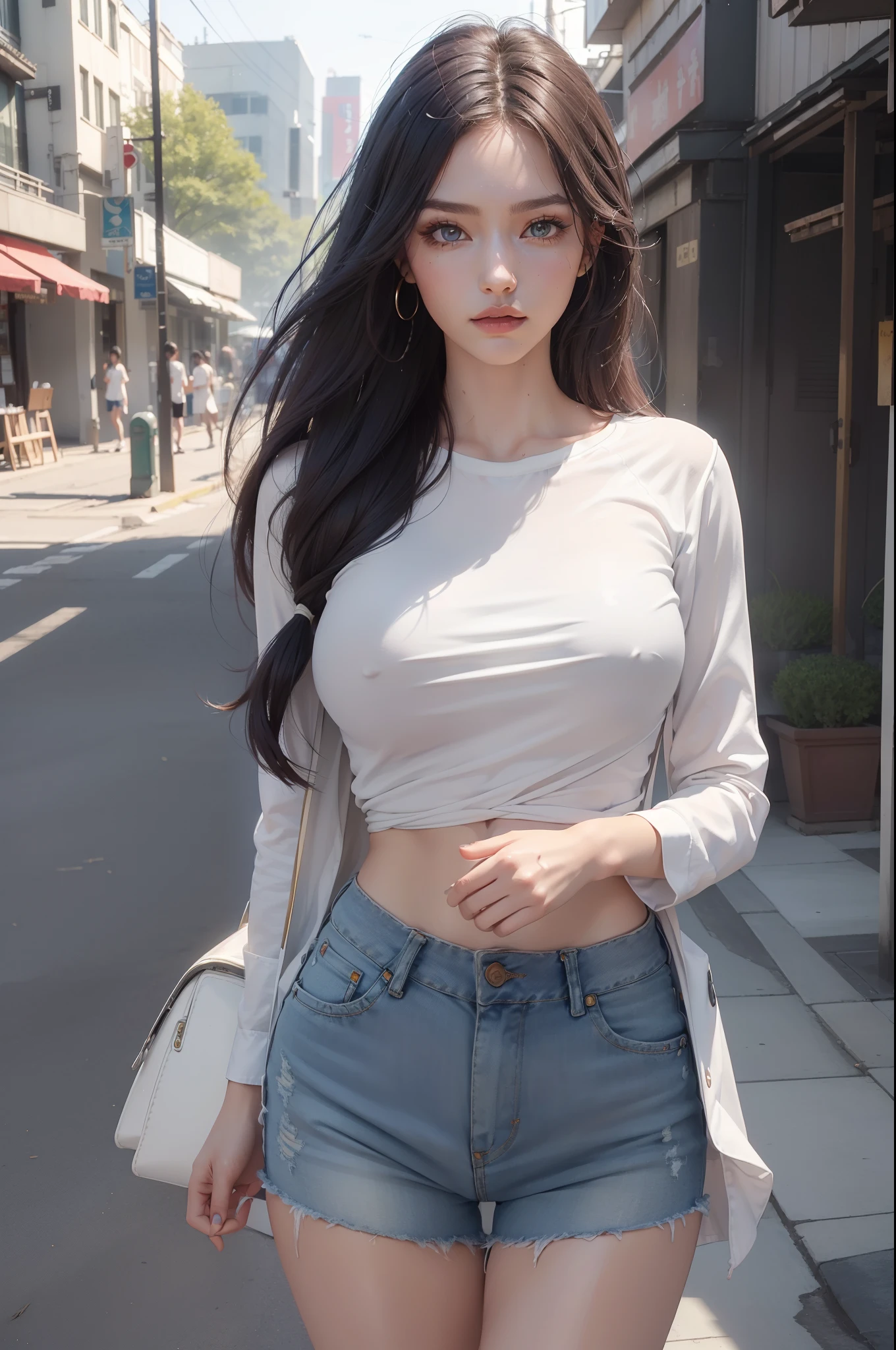 (Best quality, 8k, Masterpiece :1.3), (realistic, photorealistic: 1.37), (Pretty woman in her 20s), (slim), (emphasizing slender abs :1.3), (Japanese), (loose white shirt, tight jean shorts that accentuate her big buttocks), (random pose), (wet body), (long hair, random hairstyle), (large breasts :1.3), (outdoors), (Ultra-detailed face), (Detailed eyes), (Double eyelids), (eyeshadow intensifying), (many eyelashes), (long legs), (professional lighting), (photon mapping), (radiosity), (looking directly at viewer)