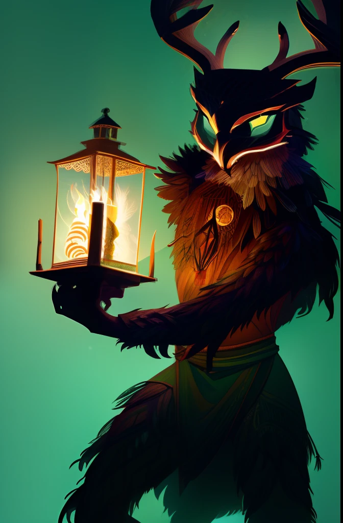 Masterpiece, highres, high Quality, night, dark forest, shadow, dynamic pose, humanoid creature with deer legs, deer head with owl face, skinny and malnourished body covered in feathers, arms and legs wrapped in bands, holding lantern, lantern with green flames,