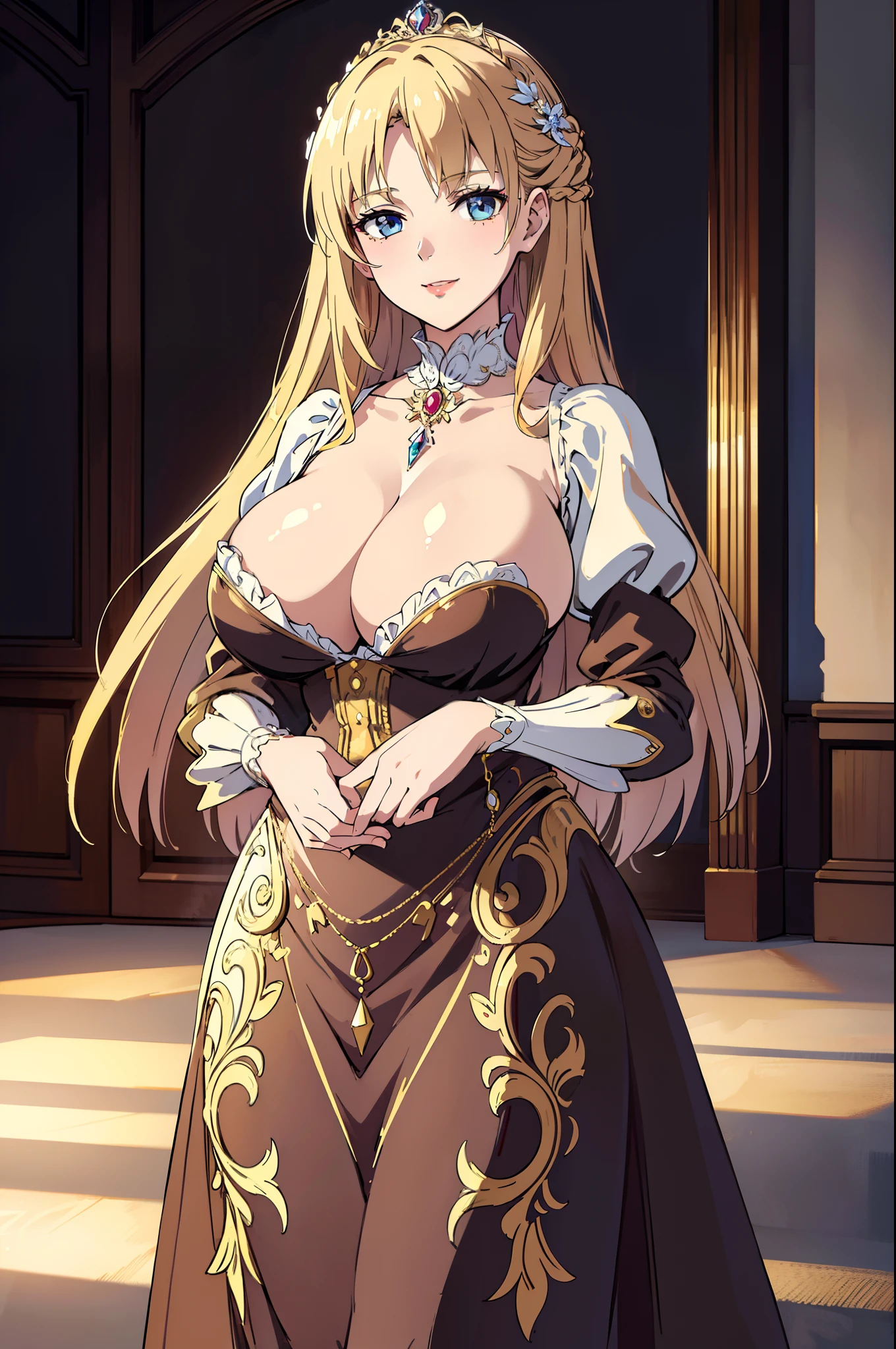 (masterpiece, ultra high res, best quality, beautiful detailed hair detailed face, perfect feminine face, photorealistic), improsionism, oil on canvas, oil painting, victorian era woman with huge boobs and big breasts posing in a room, seductive woman, (sfw) safe for work, teasing smile, england british dress, puffy sleeves, oppai, seductive woman portrait, touching her clothes, with a huge breasts, big breasts!, with huge breasts