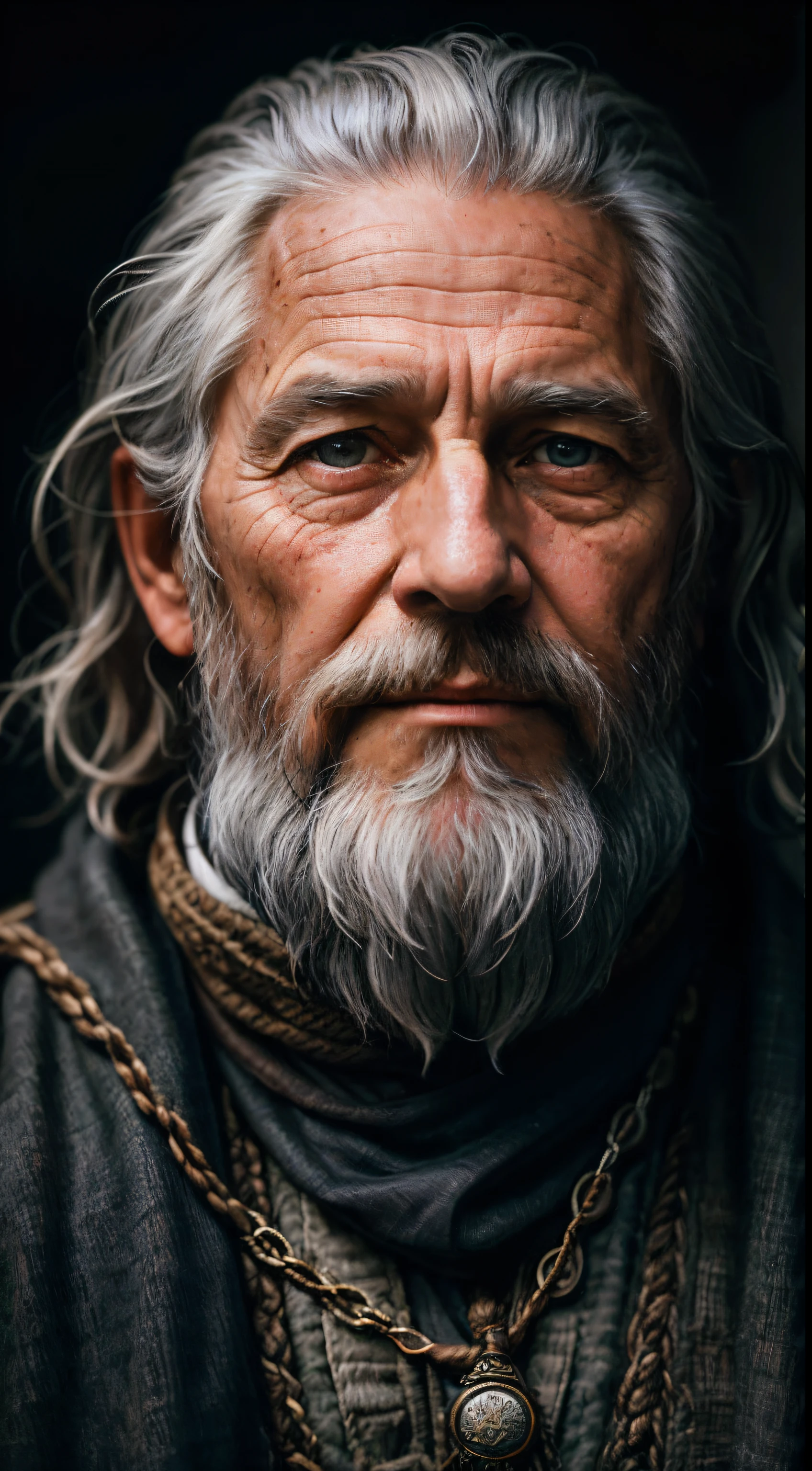 A portrait of a wizard, bearded, wrinkled, weathered, with piercing eyes, detailed face, high details, photography, dark studio, rim light, Nikon D850, 50mm, f/1.4