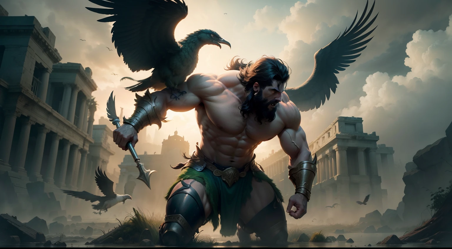 Create an image of Hercules battling the man-eating Stymphalian Birds in a marshy, misty swamp.