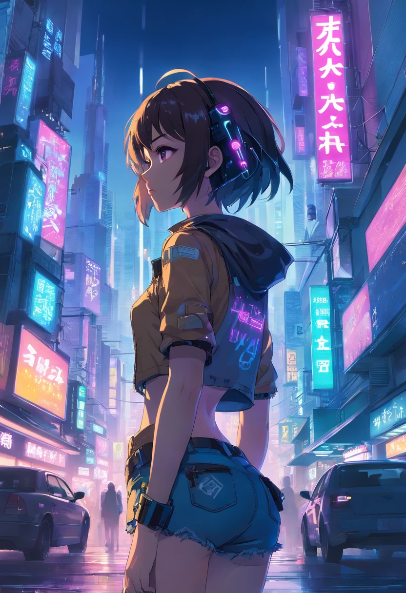 (cyberpunk city landscape) () Nyonix, cyberpunk anime woman, posing from behind in metropolis with a rebellious spirit. Her hair seemed to dance under neon lights, The color changes with each heartbeat. Her costume is a fusion of wires, circuit, and urban fashion, Decorated with neon signs，Twinkle like a city light. Nyonix exudes an aura of technical prowess, As if she could invade the cities around her. In her presence, Cyberpunk cityscapes come to life, The holographic billboard changes to show her message，The air was filled with mechanical hums and slogans of protest, big ass, hot jeans