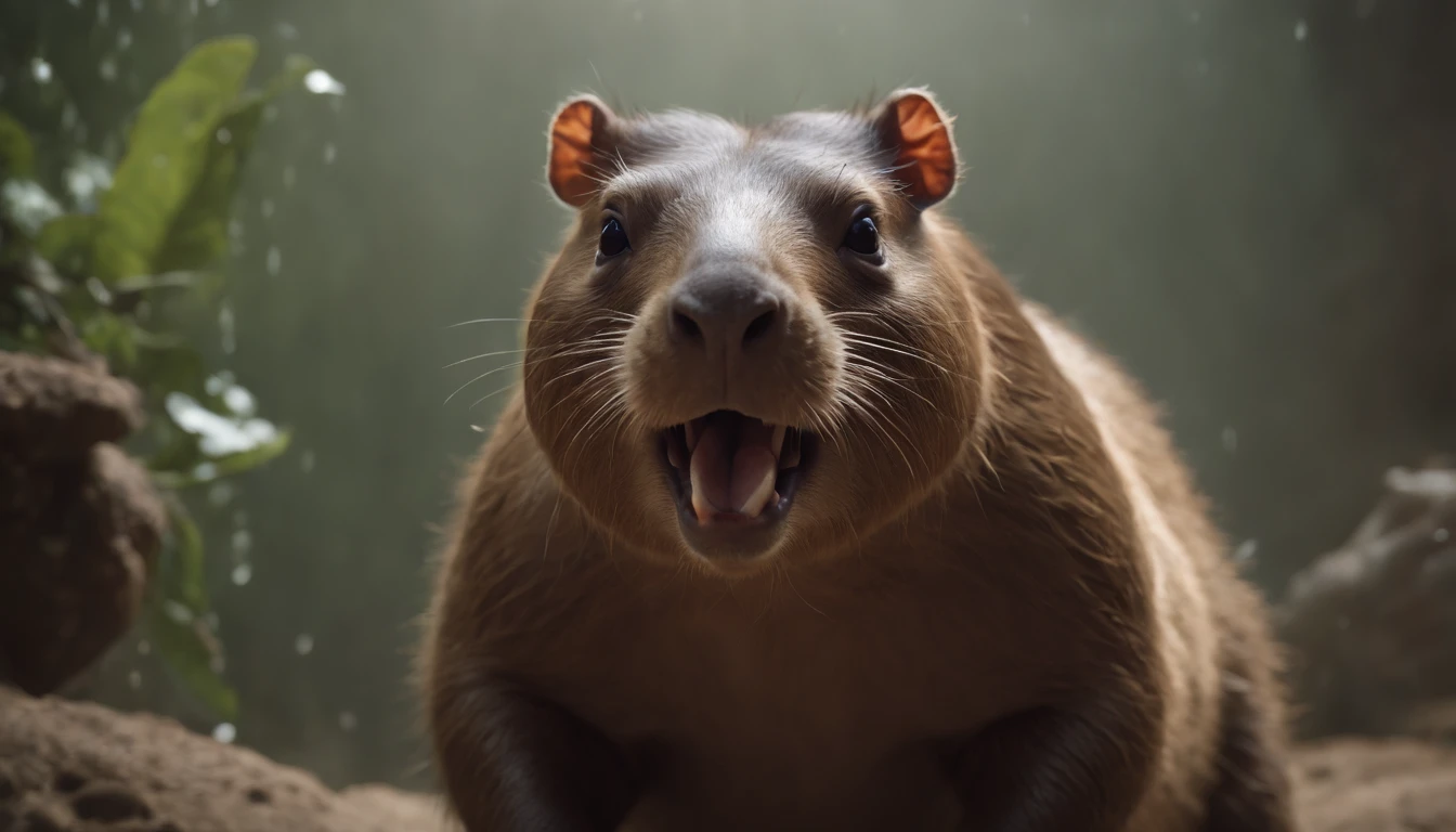 (Professional 3D Rendering:1.3) in the (Realistic:1.3) The most beautiful artwork photos in the world，Capybara Zenomopus characterized by a cluttered environment)), Full body 8K unity rendering, action SHOT, skin pore, Very dark lighting, heavy shading, Detailed, Detailed face, (Vibrant, photos realistic, Realistic, Dramatic, Dark, Sharp Focus, 8K), (slime drips from the jaw inside the razor's sharp teeth:1.4), ((((牙)))), (Convoluted:1.4), Decadent, (Highly detailed:1.4), Digital Painting, rendering by octane, art  stations, Smooth, Sharp Focus (Global Illumination, studio lights, Volumetric Lights), Heavy rain, particles floating, Fantasy, Full body ((Dark ancient planet background:1.3)、Country grandfather、Face dark、Both cheeks are round and reddish、Missing teeth and ugly、a straw fedora hat、Upper body only、A faint wry smile
