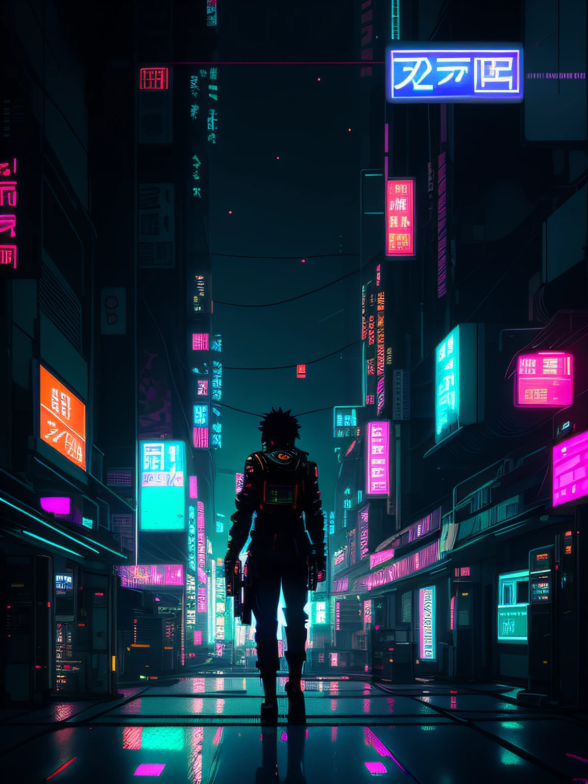 anime character walking down a city street at night with neon signs, Rua Cyberpunk, rua noturna cyberpunk, em cyberpunk city, rua da cidade cyberpunk, futuristic cyberpunk tokyo night, cyberpunk streets at night, arte digital cyberpunk, badass anime 8 k, estilo de arte cyberpunk, atmosfera cyberpunk, aesthetic cyberpunk, cyberpunk themed art, arte digital do anime cyberpunk, arte cyberpunk anime, em uma cidade cyberpunk