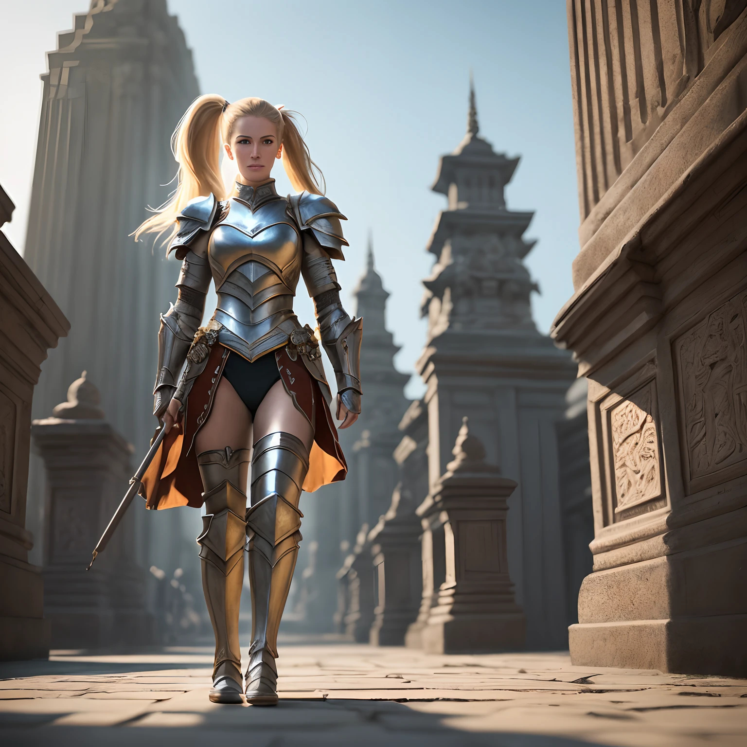 (8K, best quality: 1.2), (masterpiece: 1.37), (photo, photorealistic: 1.37), (ultra-high resolution), full body, walking pose, front shot, slow motion, female paladin using body full, (light silver armor: 1.2),(richly decorated armor), (amazingly detailed, bloom: 1.5), (high quality, Alessandro Casagrande, Greg Rutkowski, Sally Mann, concept art, 4k), 1.2), (high sharpness ), (detailed students: 1.1), detailed face and eyes, Masterpiece, best quality, (highly detailed photo: 1.1), (long blonde hair, ponytail, ecstatic: 1.1), (young: 1.1) , sharp, (perfect body:1.1), realistic, real shadow, 3d, (temple background:1.2), (by Michelangelo), photographed by Canan EOS R6, 135mm, 1/1250s, f/2.8, ISO 400