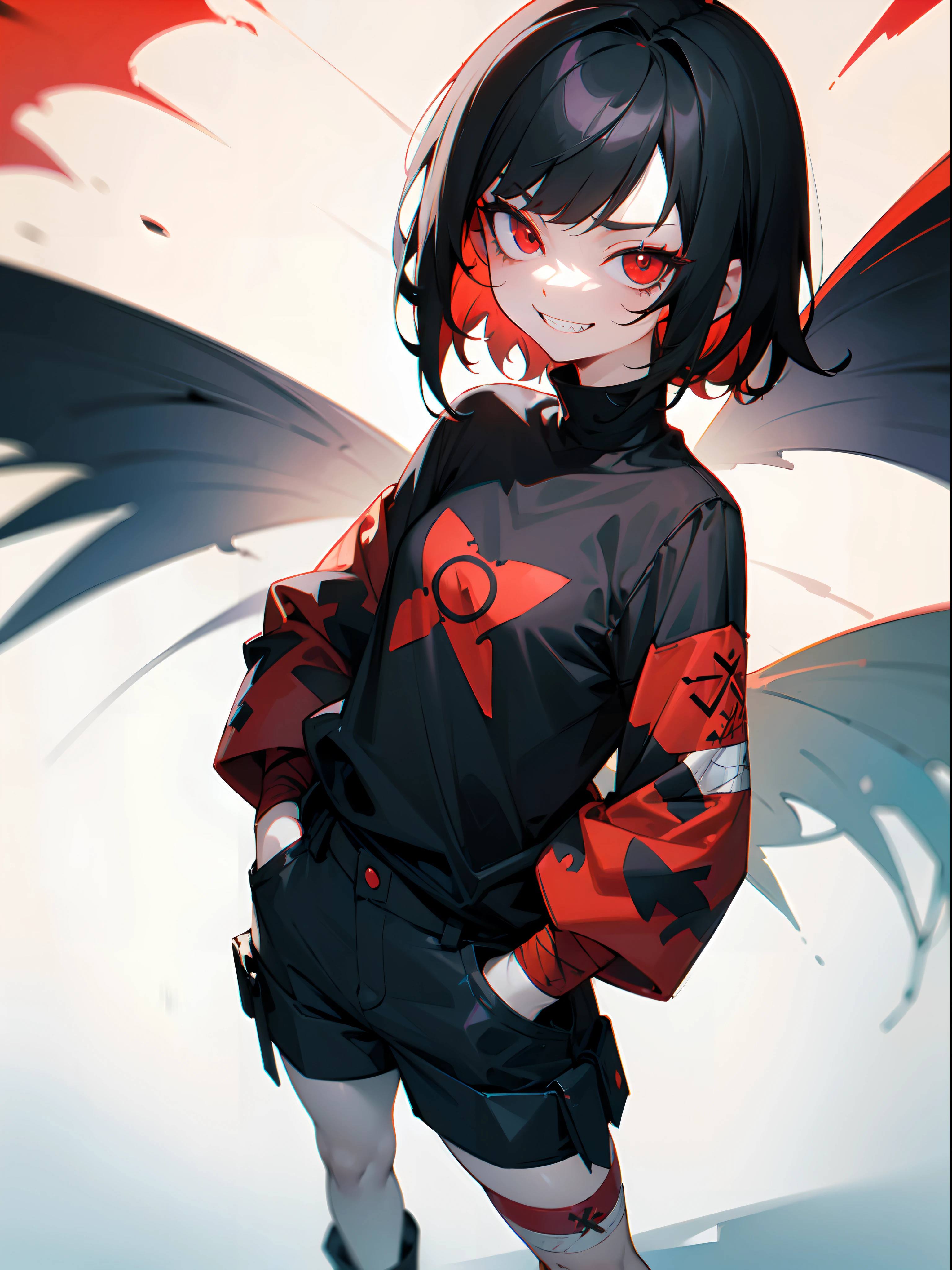 (masterpiece, sidelighting, finely detailed red eyes: 1.2), ((best quality)), ((masterpiece)), (highly detailed:1.3), anime, loli girl, small chest, childish body, bodytight shirt, oversized camouflage shorts, bandages on right leg, bandages on right hand, pale skin, (shadowed eyes, darkened eyes, glowing red eyes), (sharp teeth, smirk, evilish smile, mischevious smile), (short-medium hair, black hair, fancy haircut), red tatto on left hand, hands in pockets, scar on left hip, solo, 1girl,