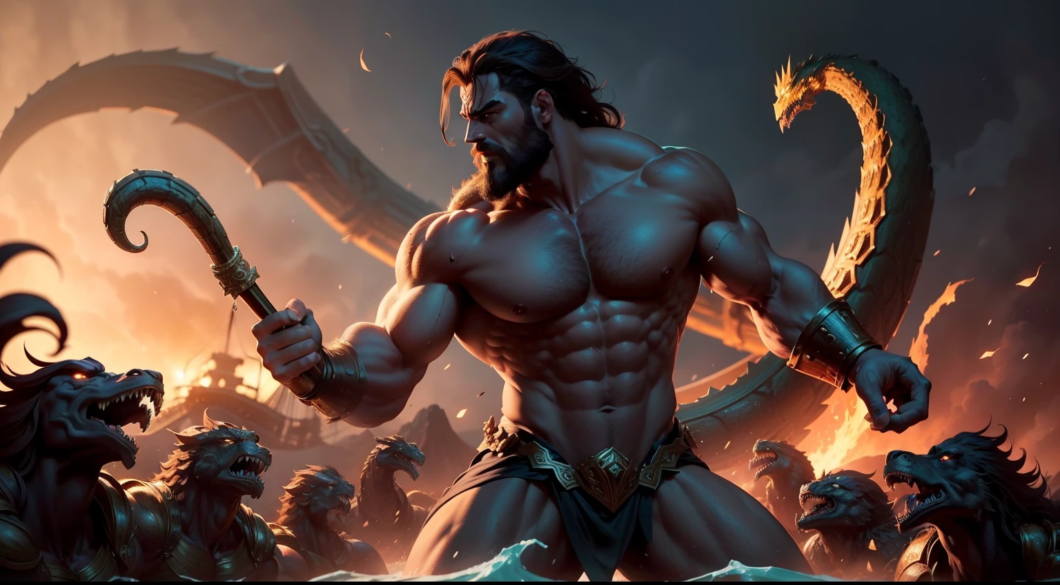 Generate an image of Hercules in a titanic struggle against the Hydra, a monstrous creature with nine heads, each capable of regenerating. Showcase Hercules as he wages this epic battle, with multiple serpent heads snapping at him, and emphasize the heroic nature of this encounter. Capture the intensity and danger of the moment as Hercules tries to overcome the Hydra's regenerative ability.